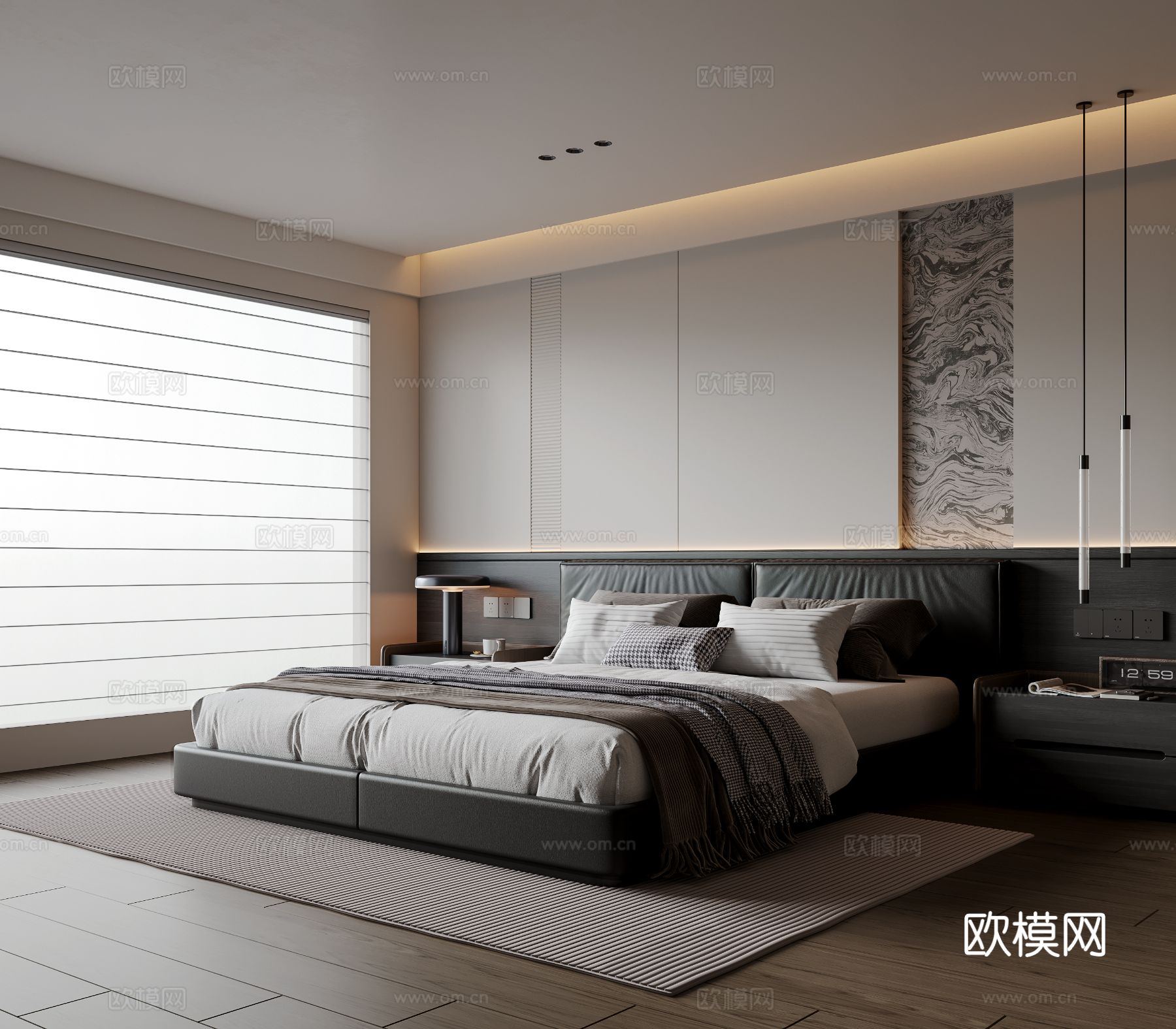 现代简约卧室 皮质双人床 床头柜 吊灯 地毯su模型