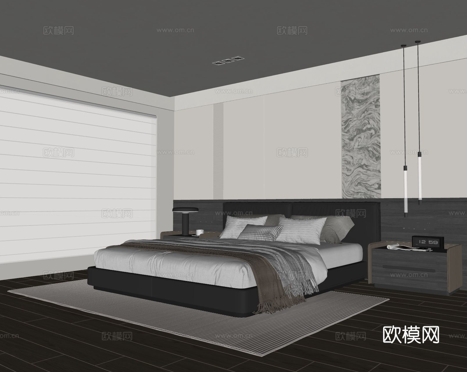 现代简约卧室 皮质双人床 床头柜 吊灯 地毯su模型