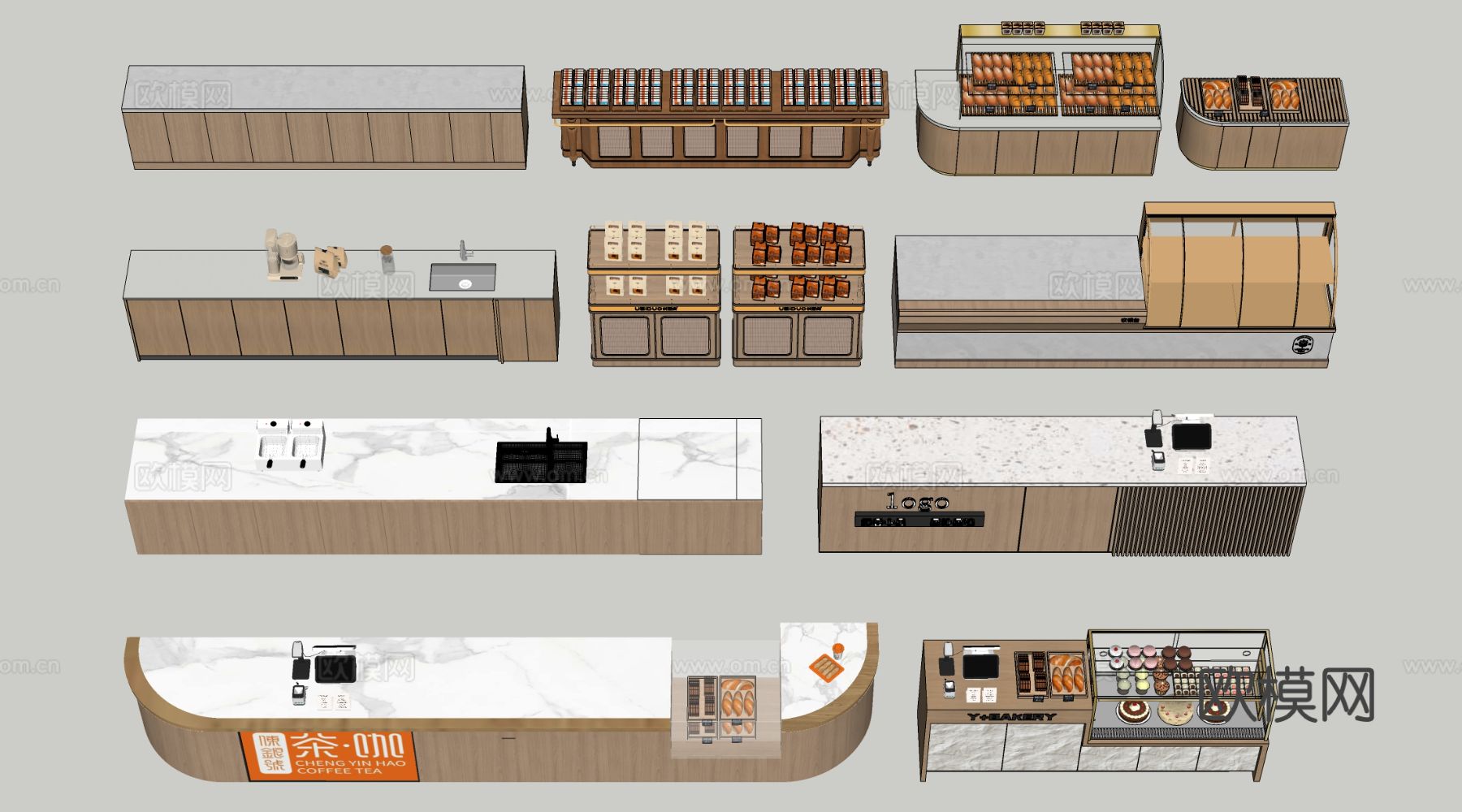 现代咖啡吧台 甜品店货架 收银台 服务台su模型