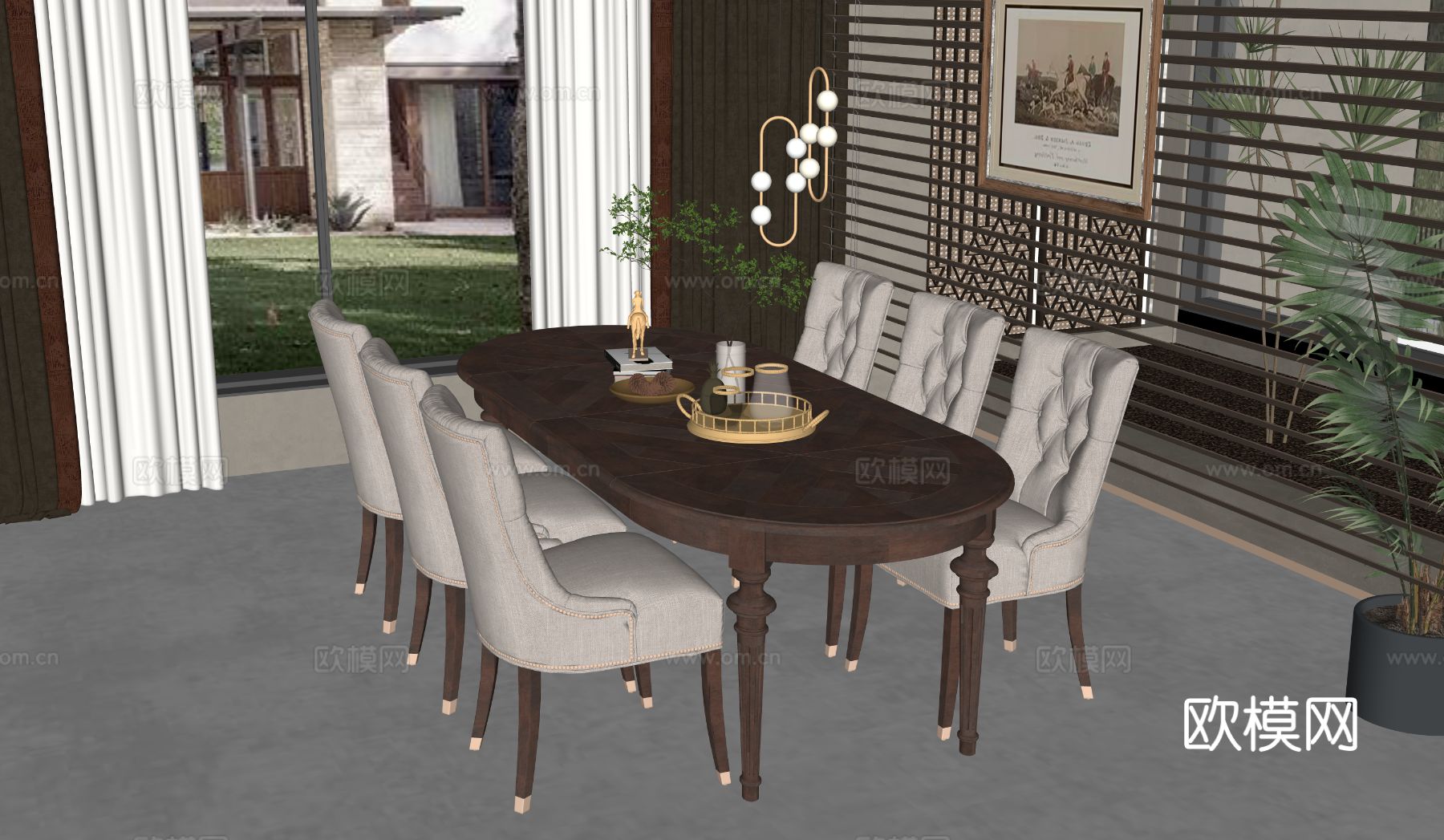 美式餐厅餐桌椅组合su模型