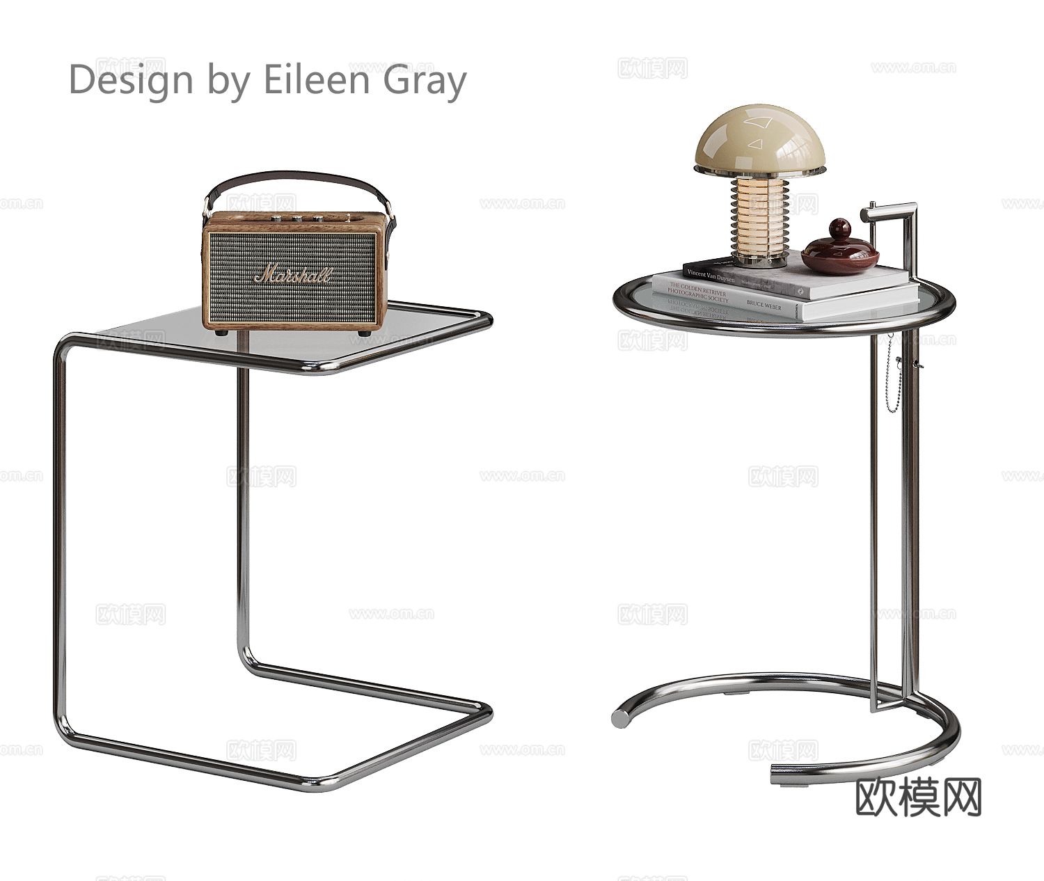 EILEEN GRAY 现代边几组合 包豪斯边几 不锈钢玻璃su模型