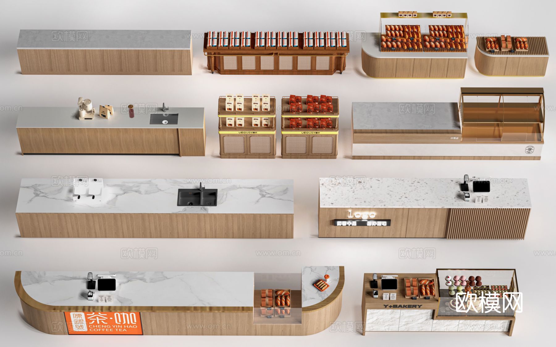现代咖啡吧台 甜品店货架 收银台 服务台su模型