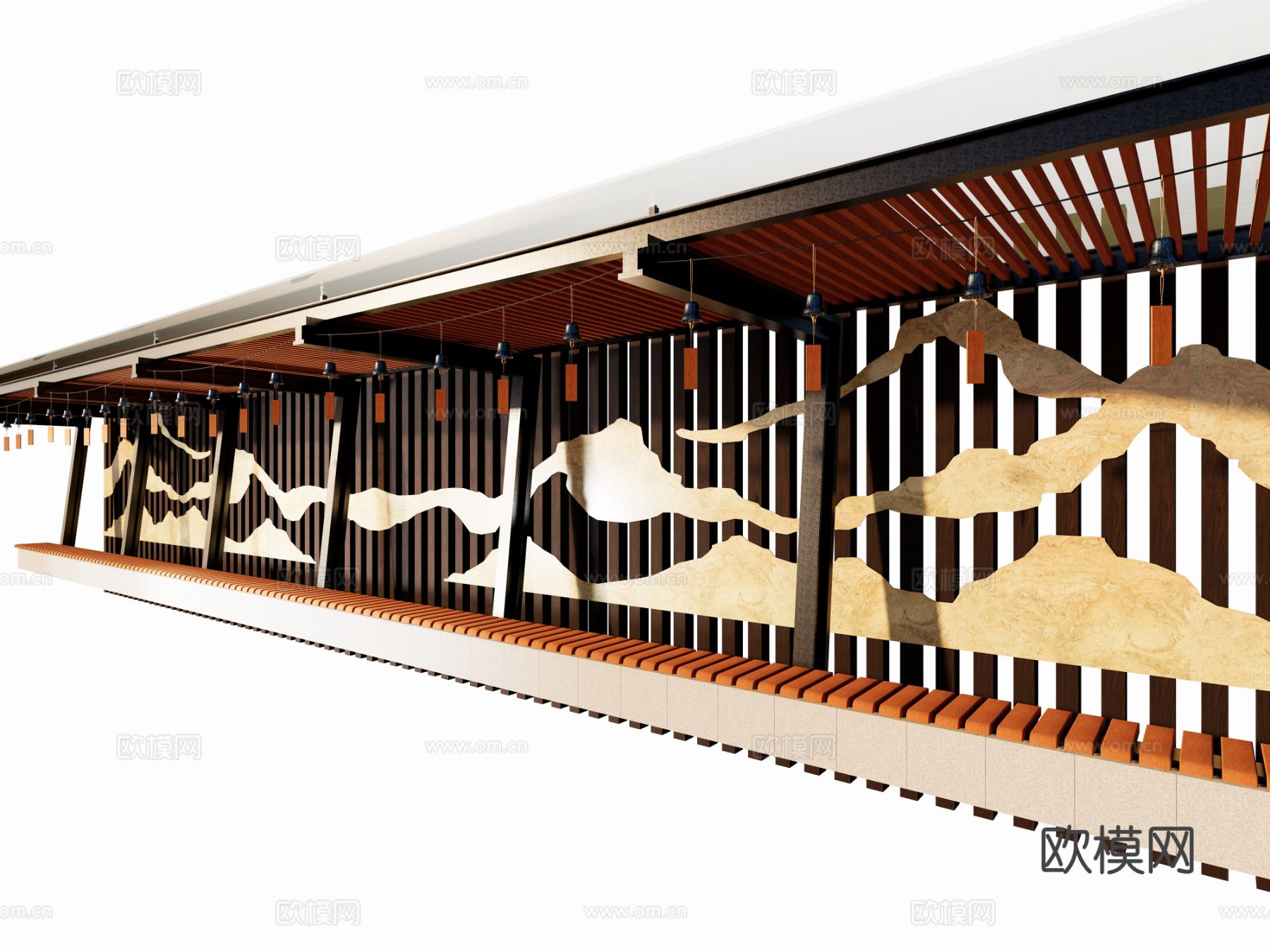新中式廊架 木质金属廊架 连廊回廊 单臂悬挑廊架 片岩山水格su模型