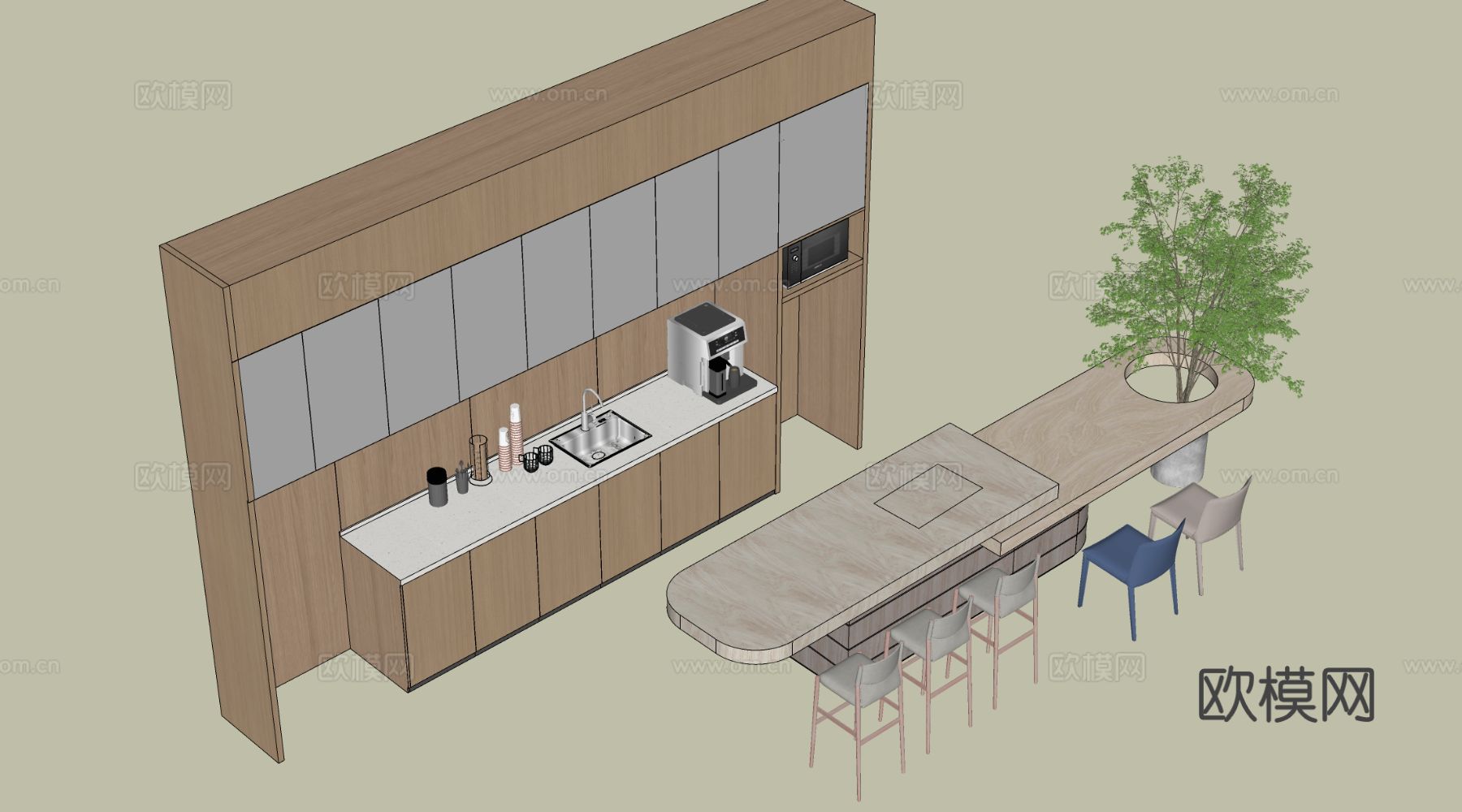 现代茶水间吧台 茶水间桌椅 水吧台su模型