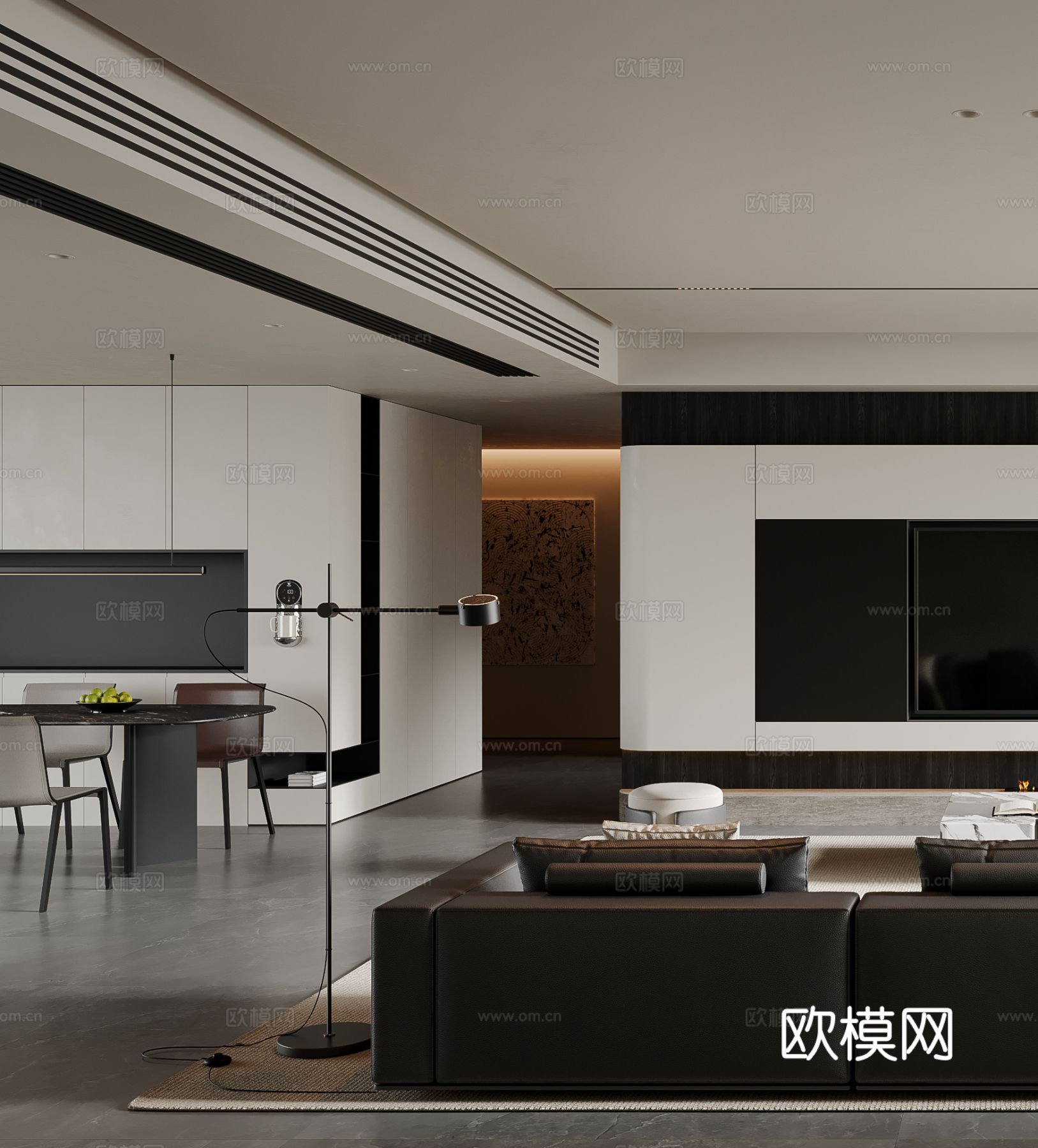 现代简约客厅 沙发茶几 电视背景墙 多人沙发 地毯3d模型