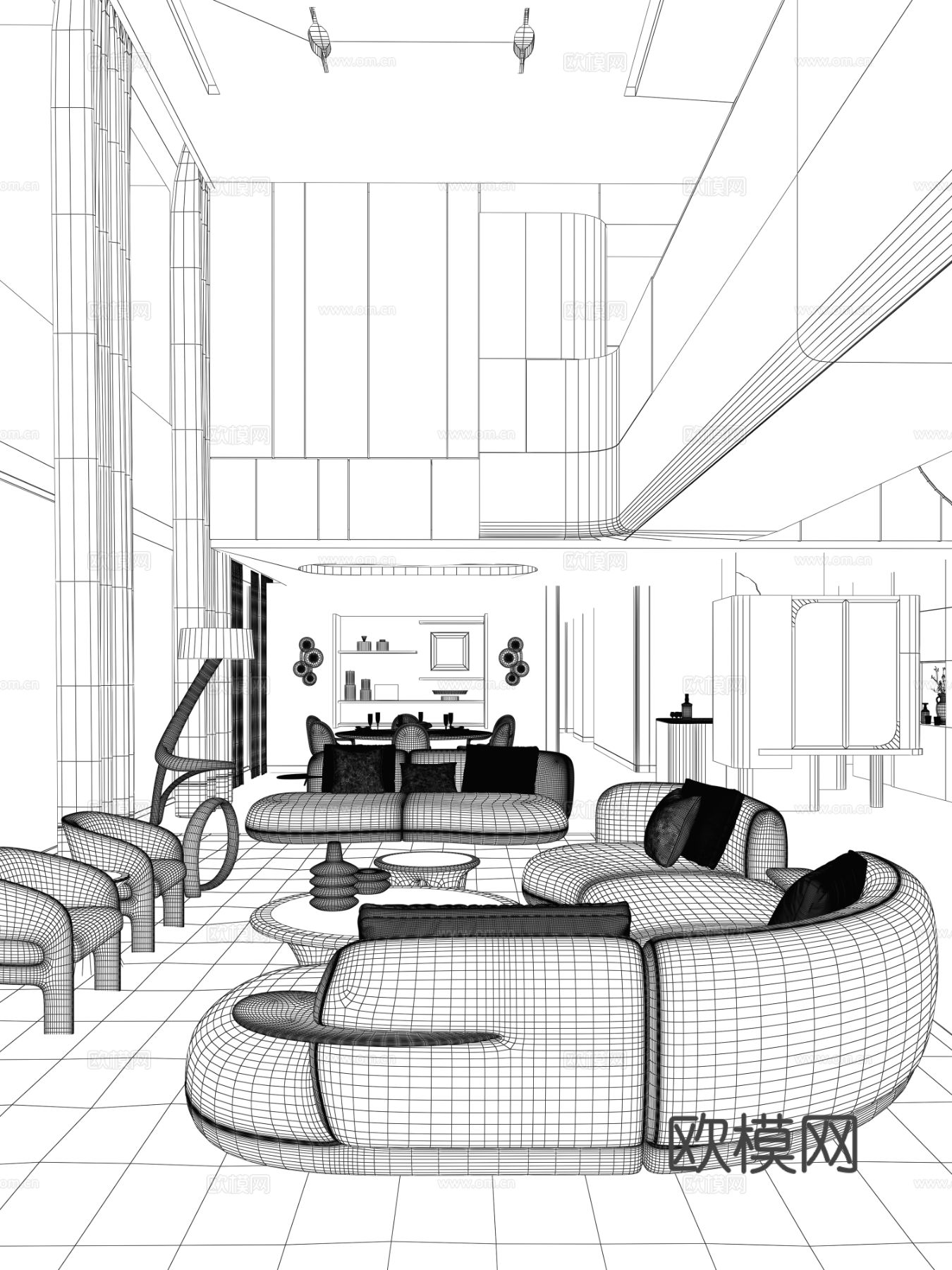 黄全 南天名苑 复式别墅客厅3d模型下载（渲染图2）
