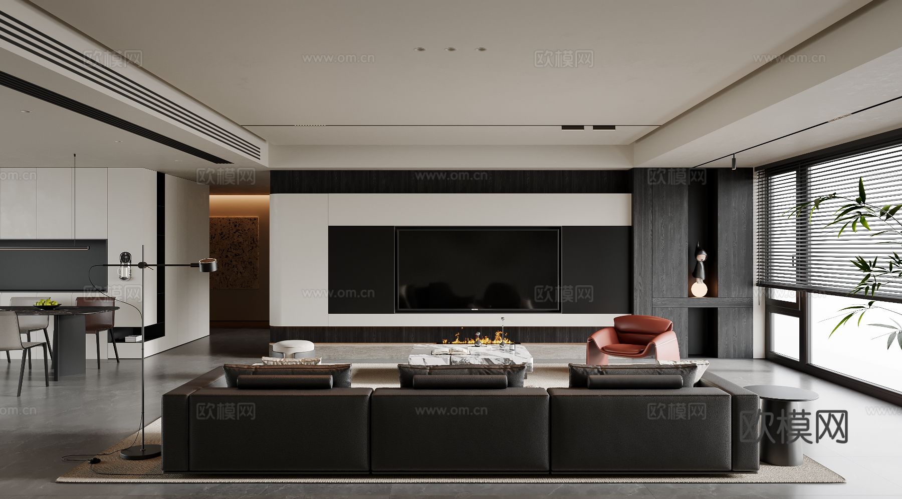 现代简约客厅 沙发茶几 电视背景墙 多人沙发 地毯3d模型