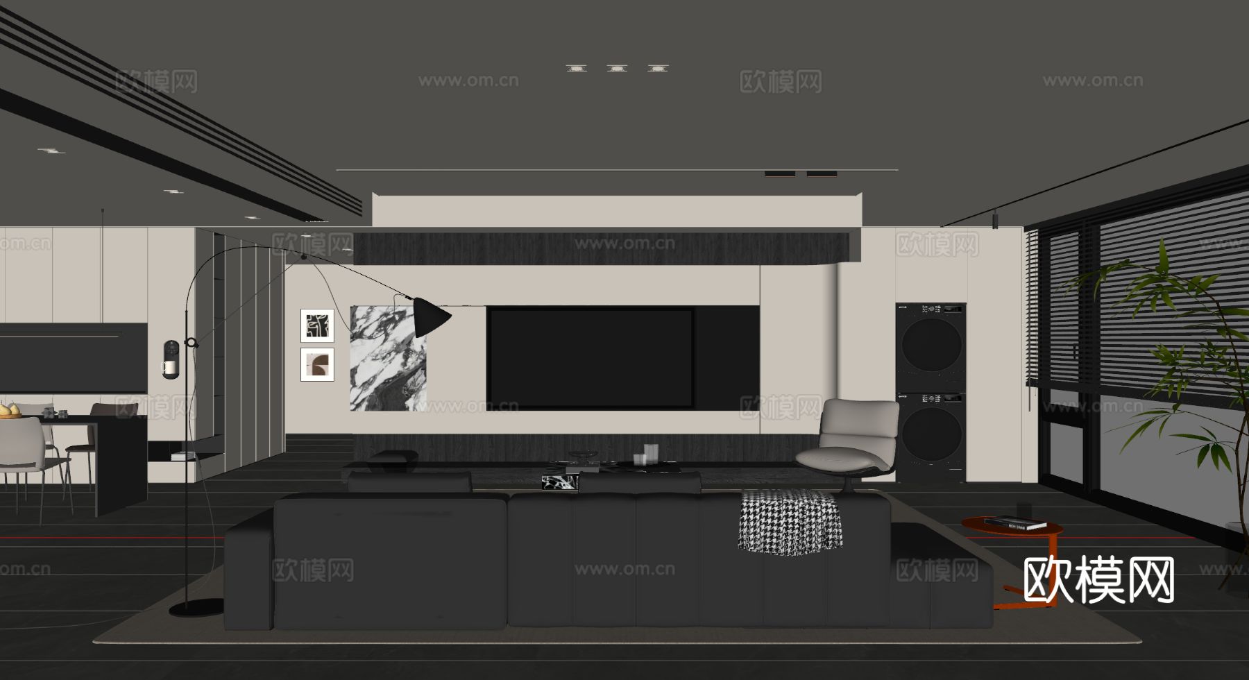 现代简约客厅 沙发茶几 电视背景墙 多人沙发 地毯su模型