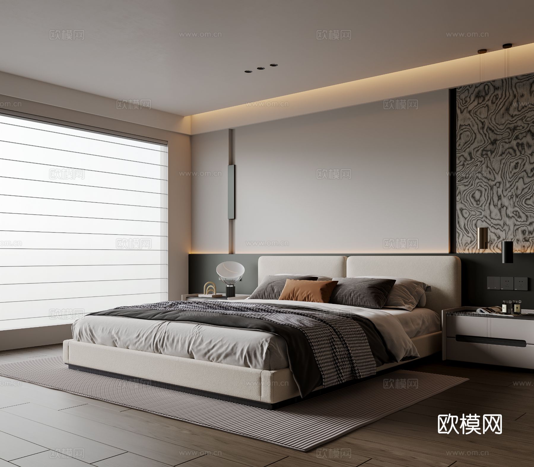 现代极简卧室 布艺双人床 床头柜 吊灯 地毯su模型