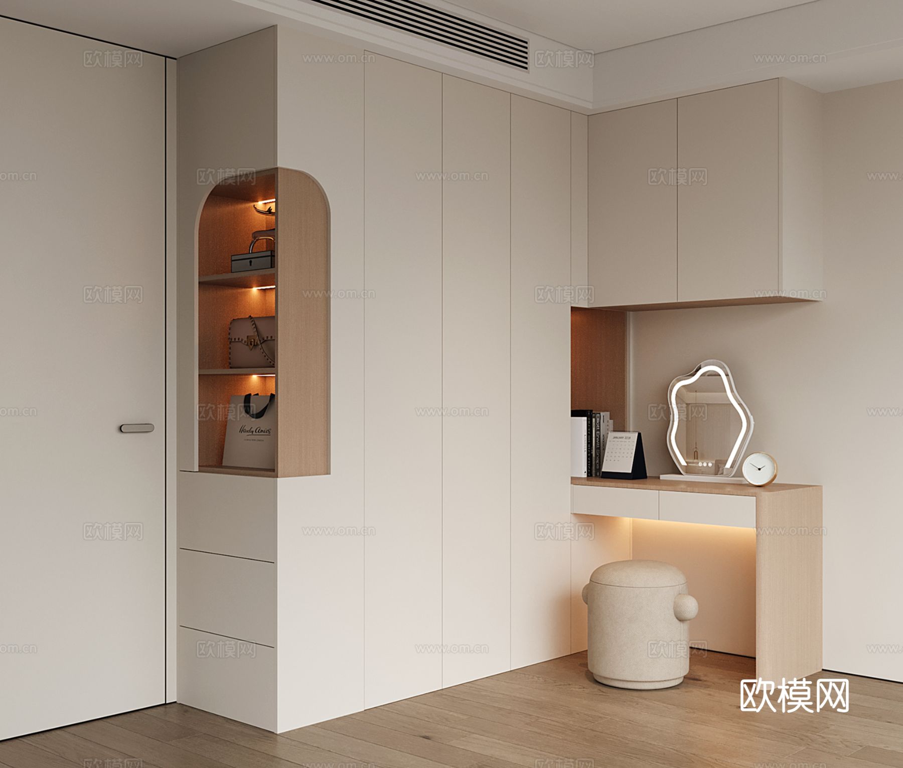 现代定制衣柜 衣柜梳妆台一体 衣柜转角书桌 平开门衣柜 圆弧su模型