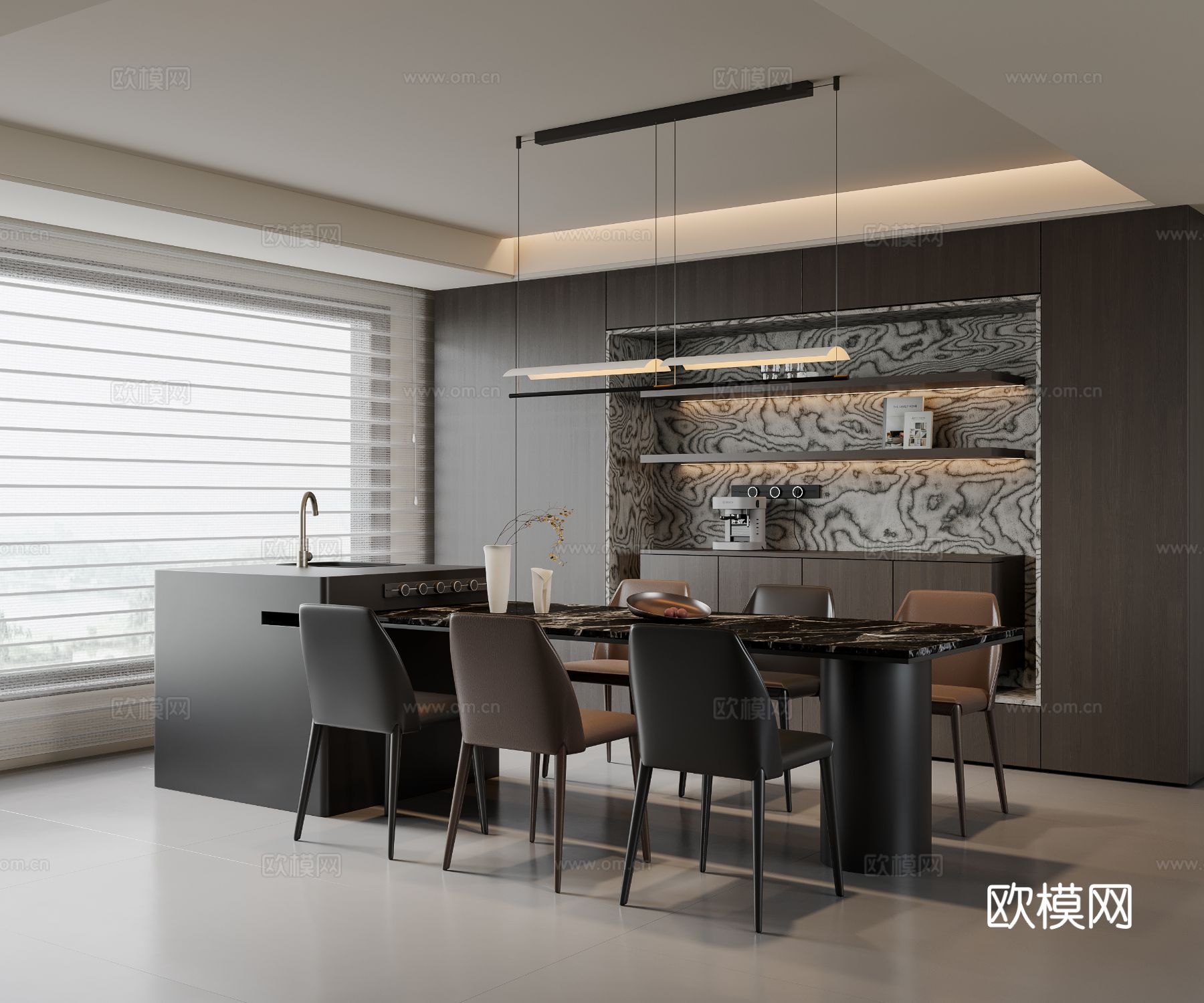 现代意式餐厅 岛台餐桌椅 吊灯 餐边柜 酒柜su模型