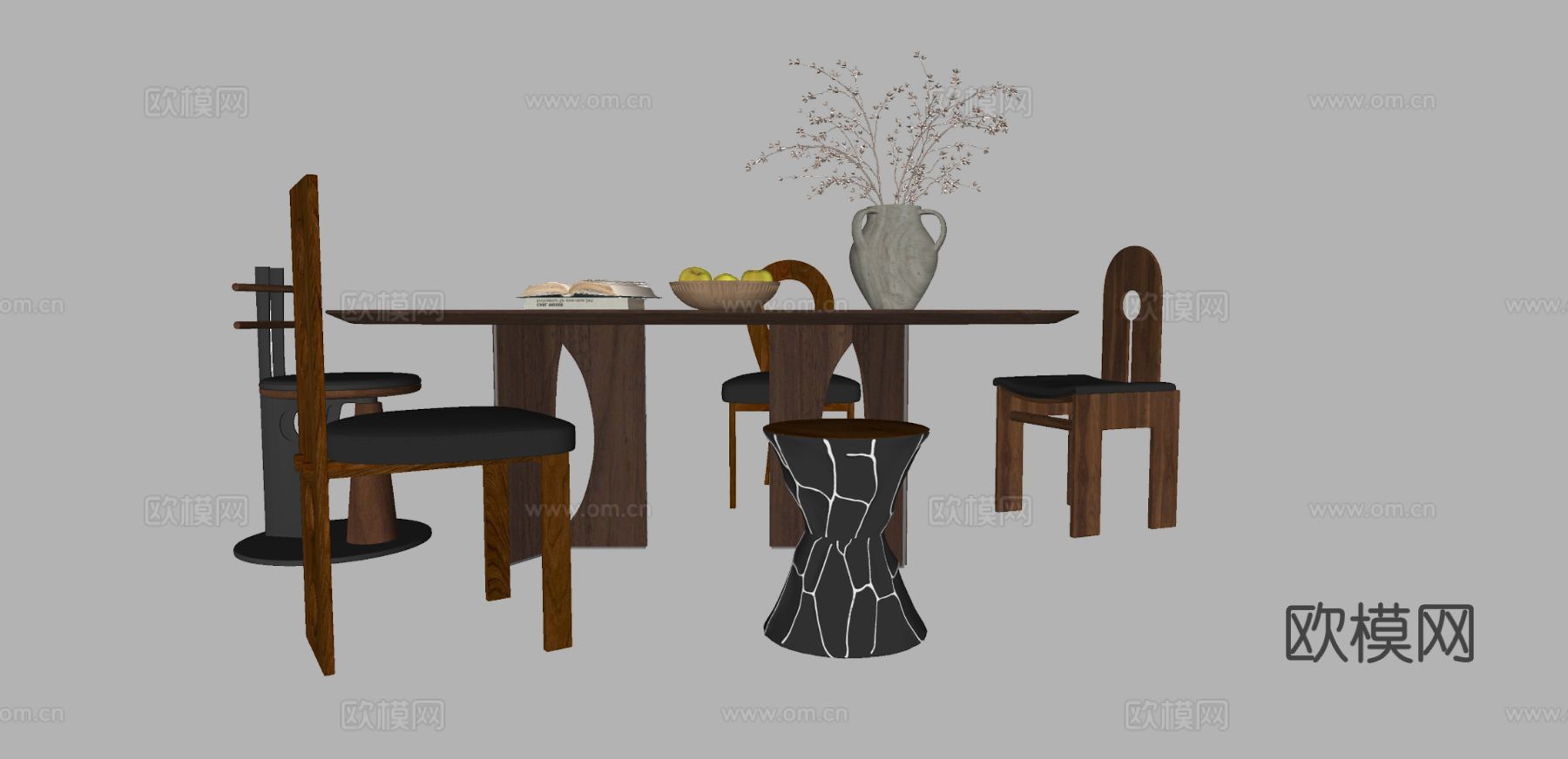 中古风餐桌椅su模型