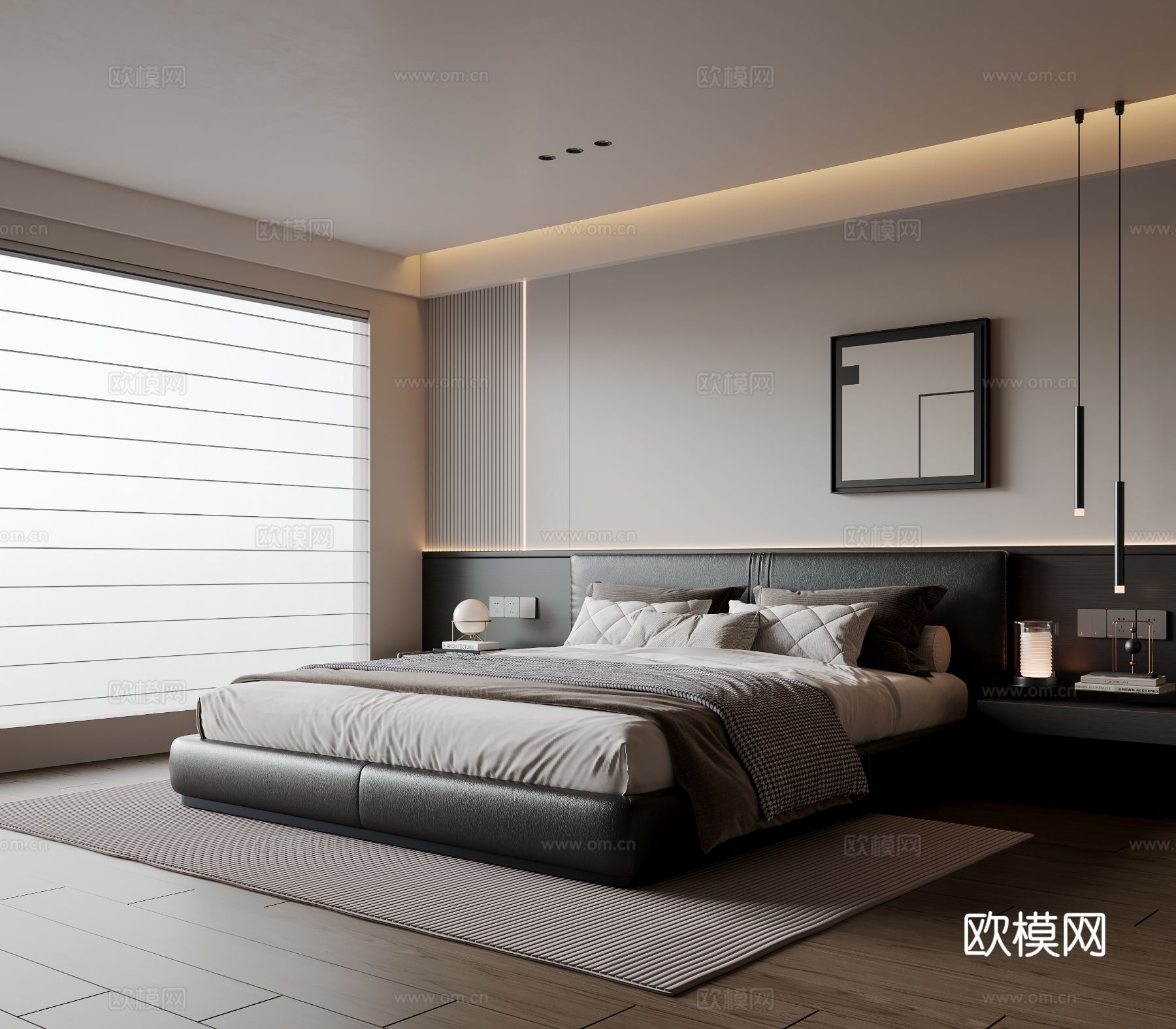 现代极简卧室 皮质双人床 床头柜 挂画 吊灯 地毯su模型