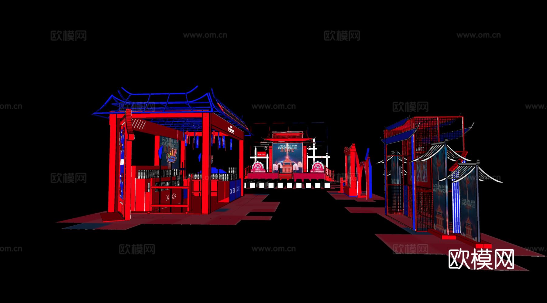 新中式国潮风 红色主题活动布景 国潮小吃街道su模型