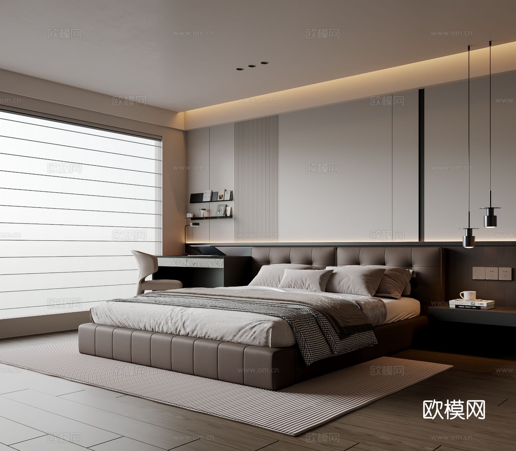 现代极简卧室 皮质双人床 床头柜 书桌椅 吊灯 地毯su模型