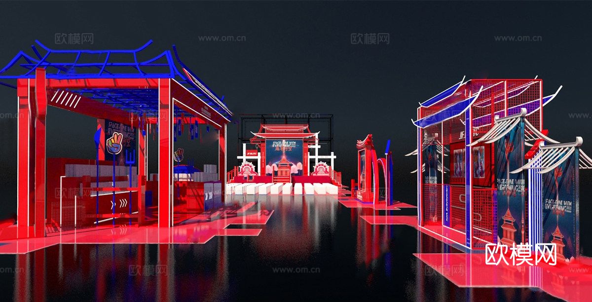 新中式国潮风 红色主题活动布景 国潮小吃街道su模型