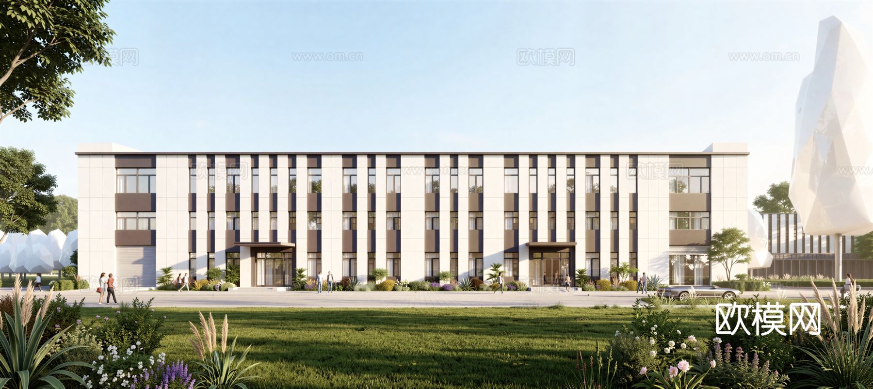 现代工业厂房 现代产业园 多层办公 厂房 产 产业园 办公楼su模型下载（渲染图1）