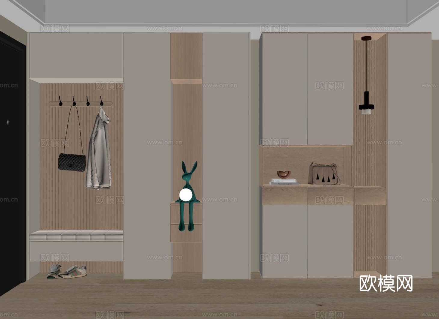 现代玄关鞋柜 入户鞋柜 鞋柜换鞋凳一体su模型
