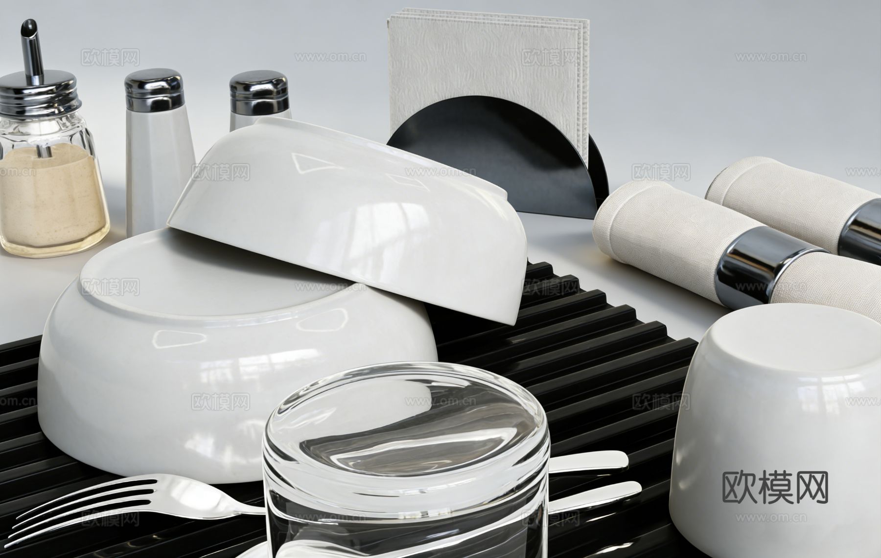 现代简约餐具静物组合 碗杯刀叉餐巾 调料瓶托盘 冰块玻璃杯su模型