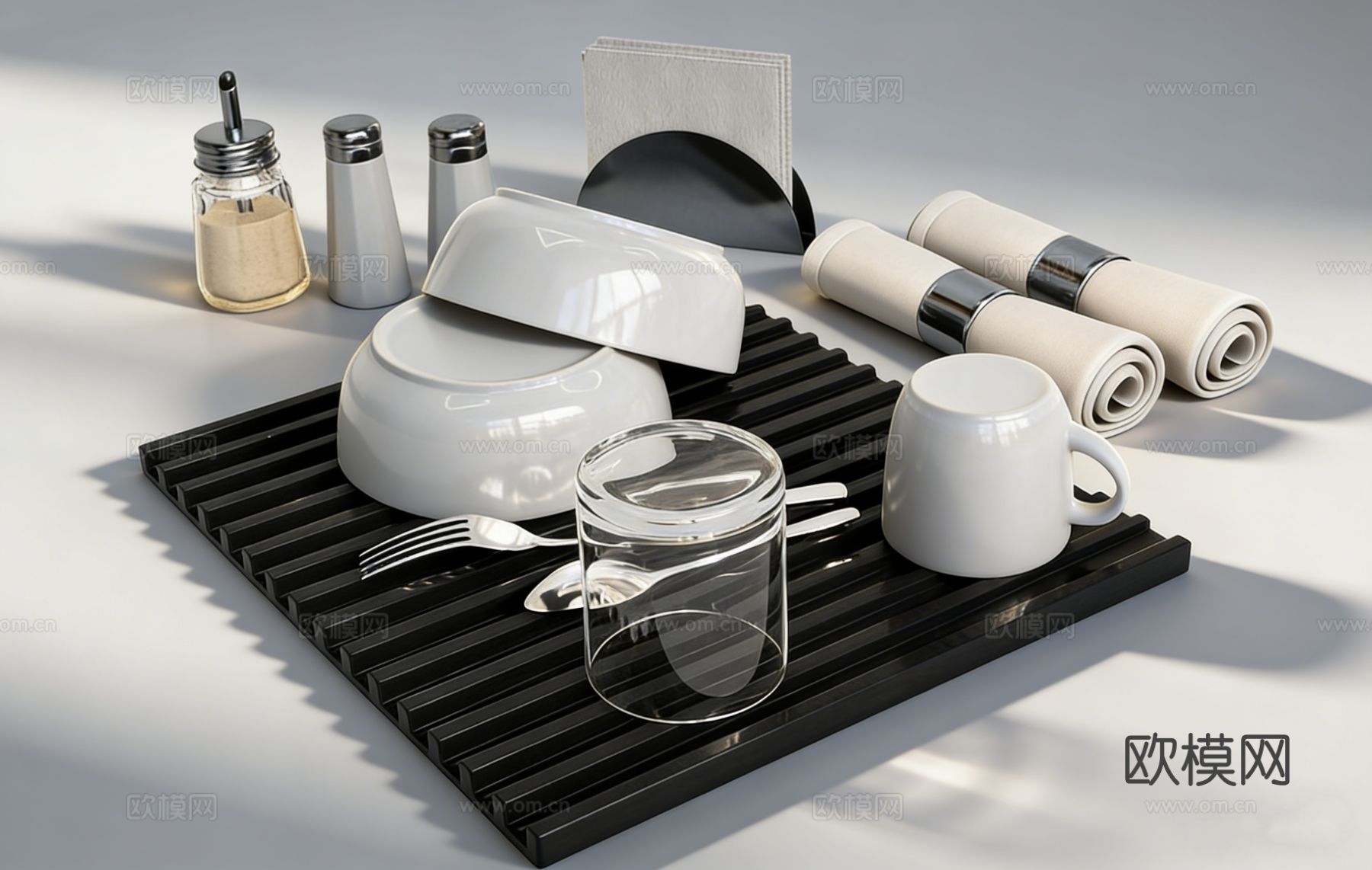 现代简约餐具静物组合 碗杯刀叉餐巾 调料瓶托盘 冰块玻璃杯su模型