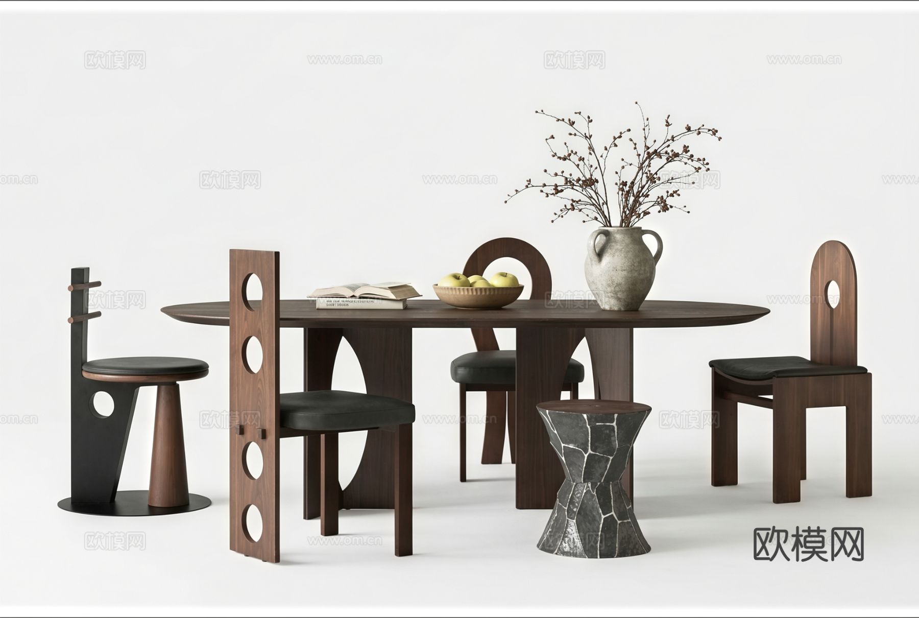 中古风餐桌椅su模型