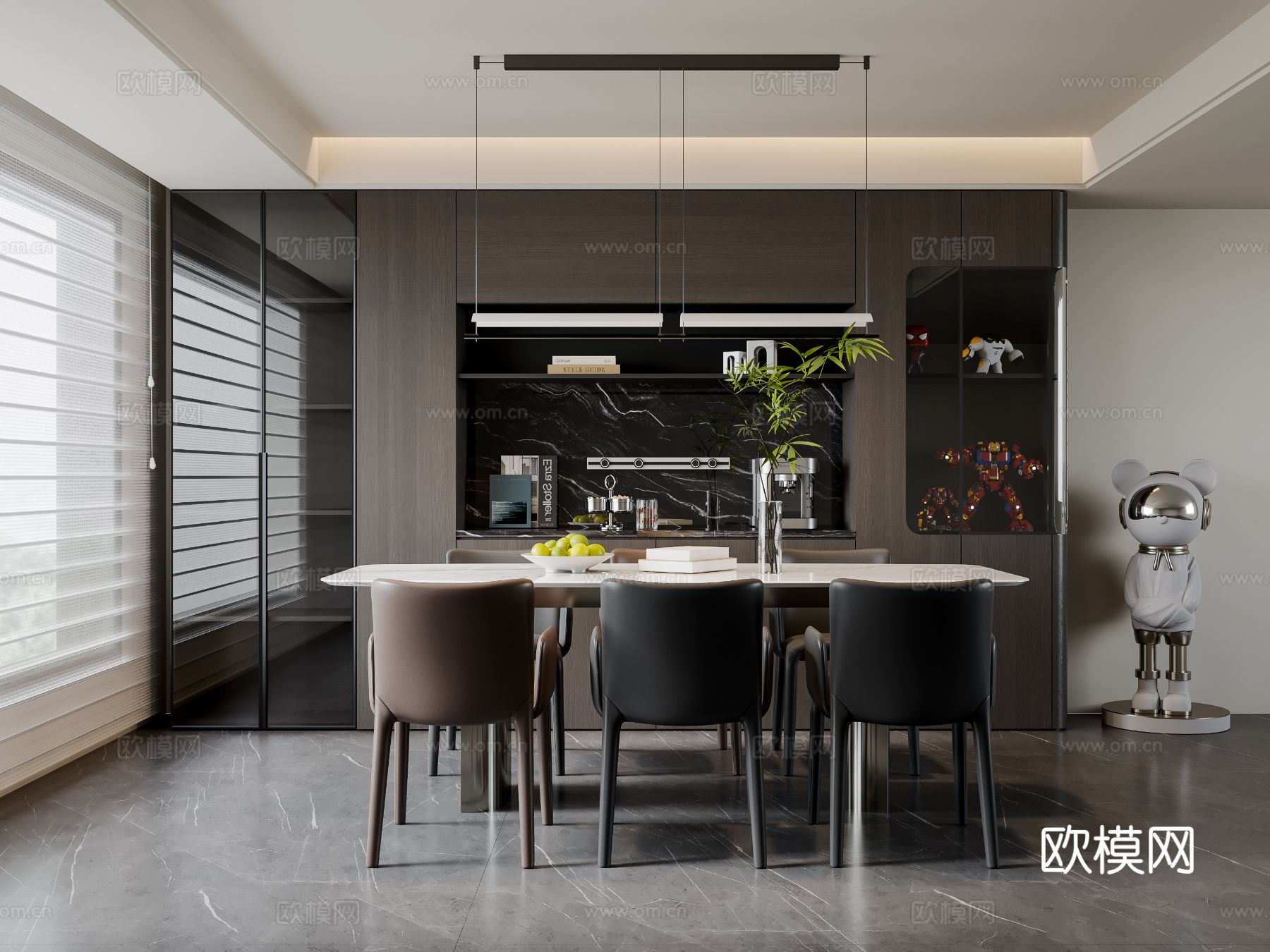 现代意式餐厅 餐桌椅 吊灯 餐边柜 酒柜su模型