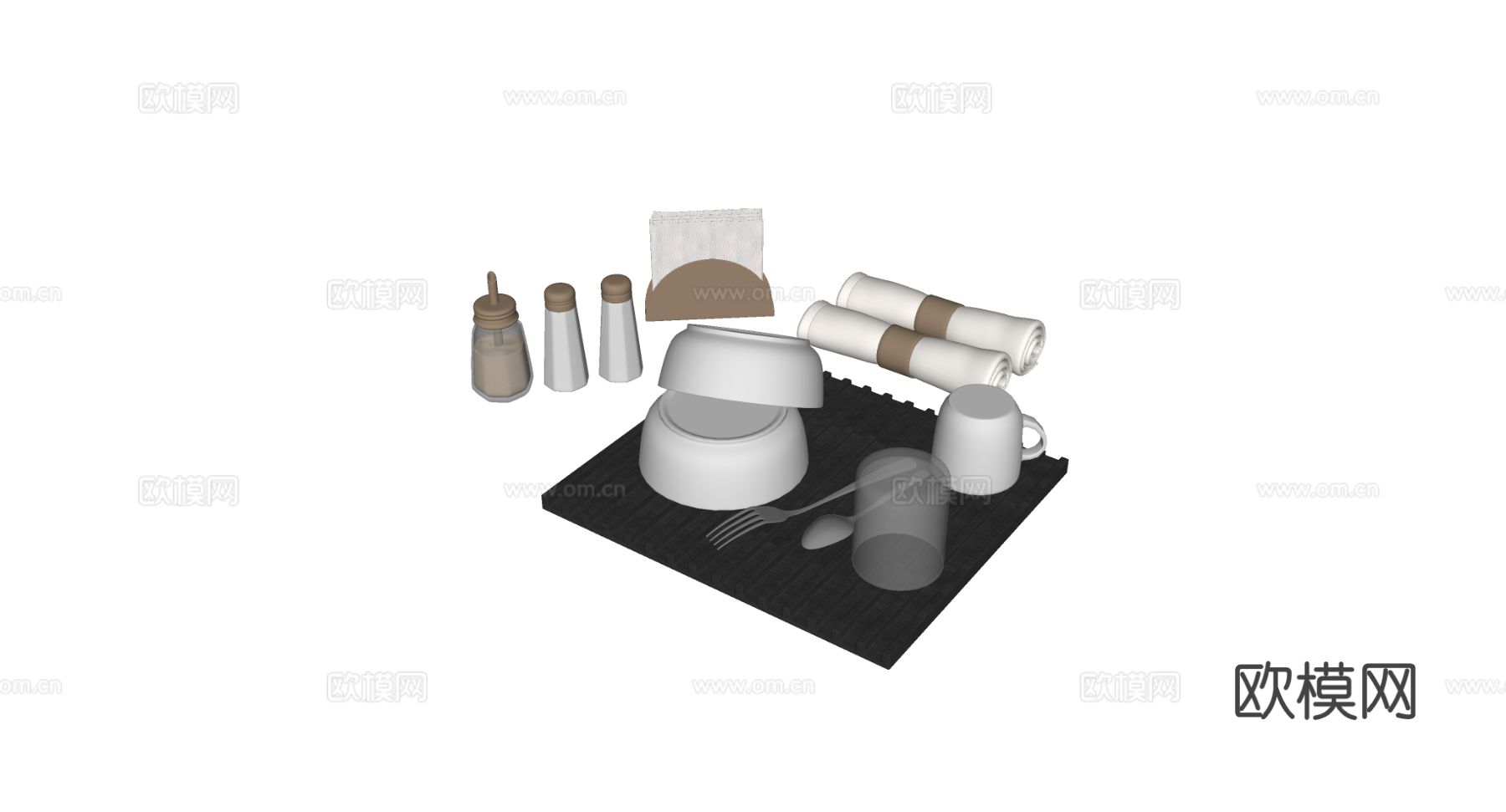 现代简约餐具静物组合 碗杯刀叉餐巾 调料瓶托盘 冰块玻璃杯su模型