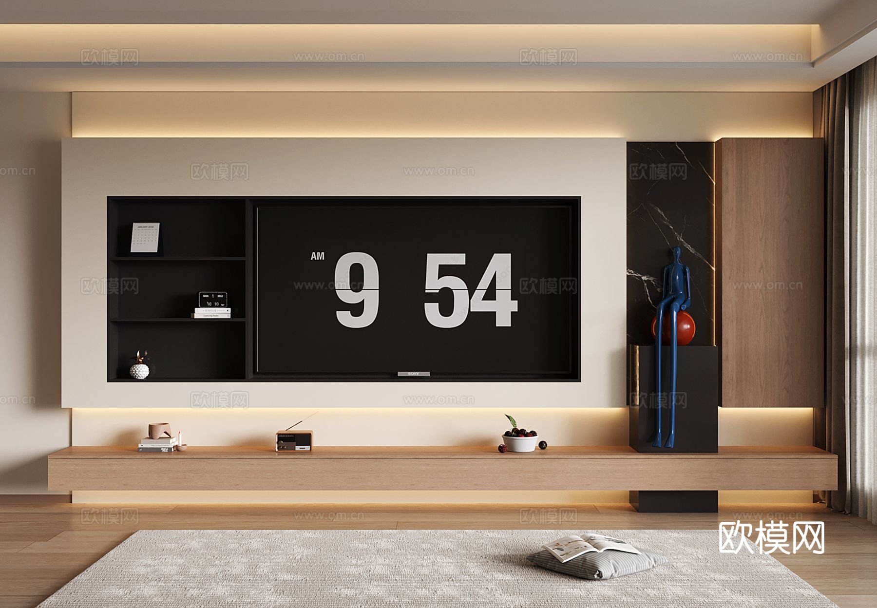 现代电视背景柜 中古电视背景墙 收纳储物开放格 悬空电视柜su模型