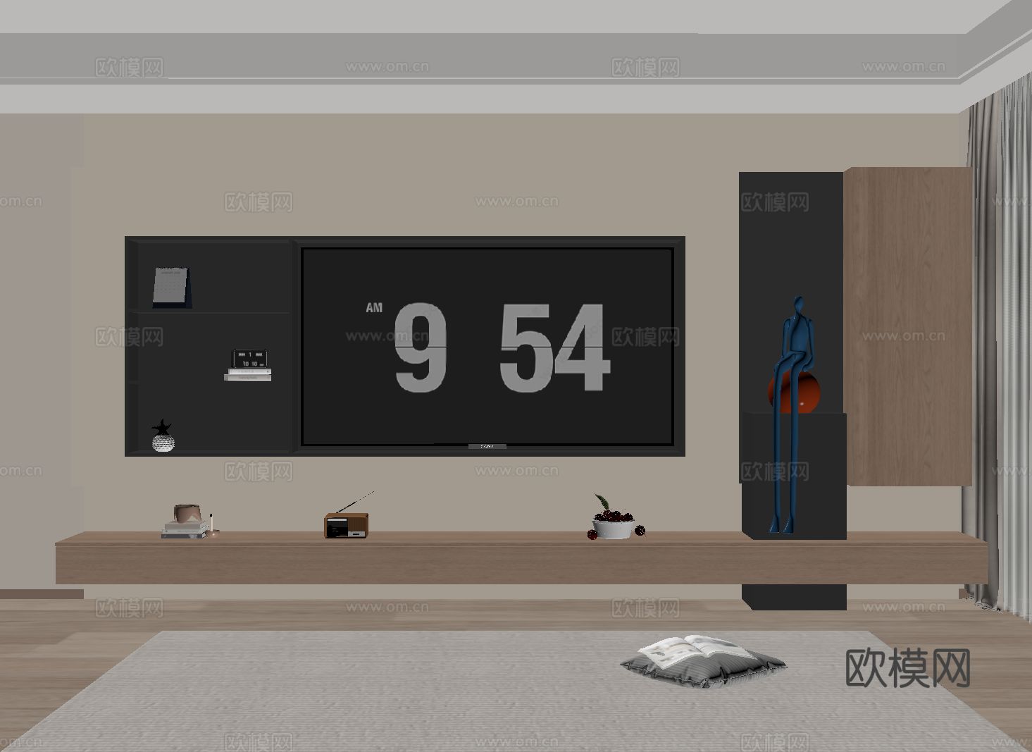 现代电视背景柜 中古电视背景墙 收纳储物开放格 悬空电视柜su模型