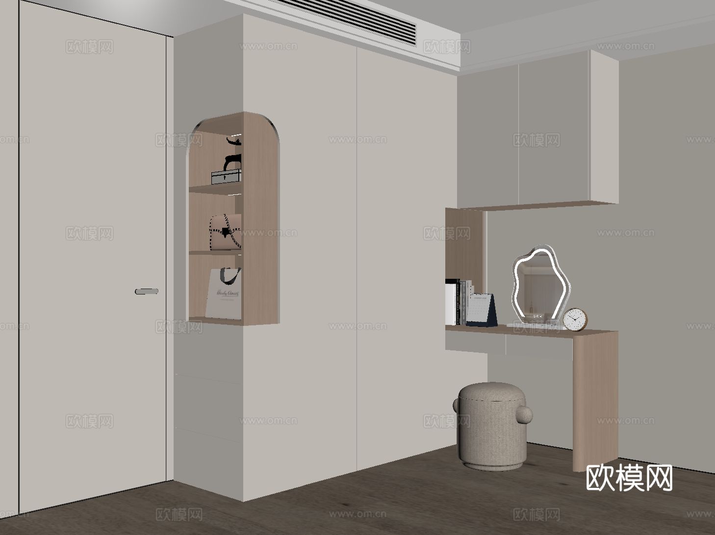 现代定制衣柜 衣柜梳妆台一体 衣柜转角书桌 平开门衣柜 圆弧su模型
