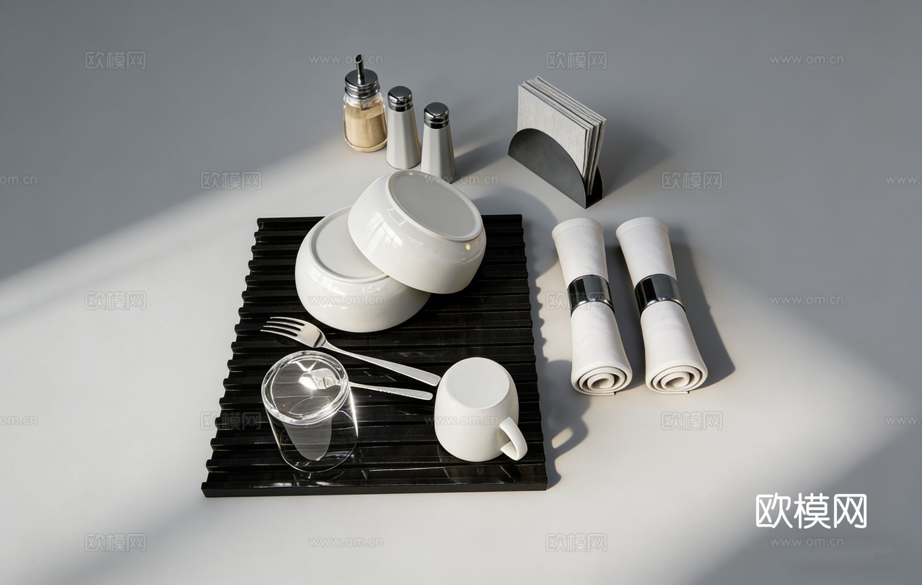 现代简约餐具静物组合 碗杯刀叉餐巾 调料瓶托盘 冰块玻璃杯su模型