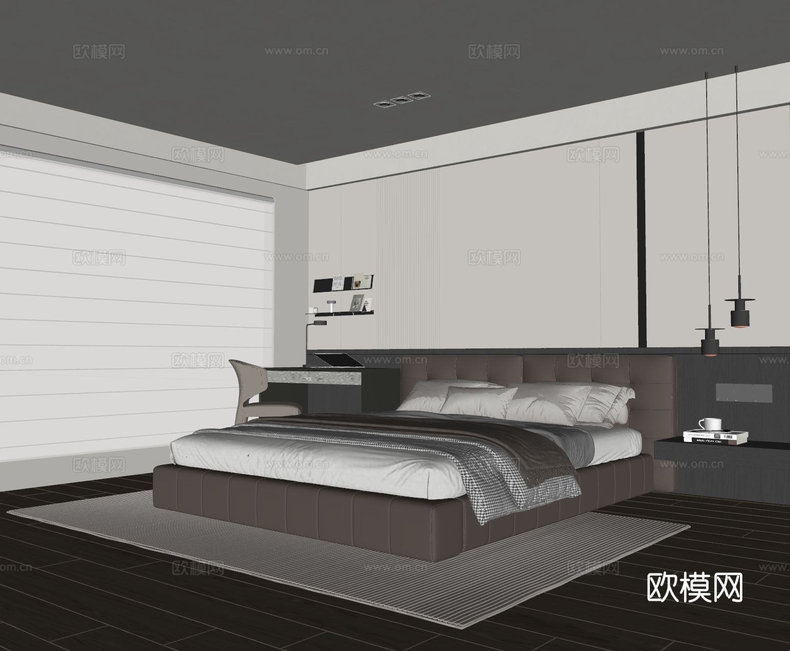 现代极简卧室 皮质双人床 床头柜 书桌椅 吊灯 地毯su模型