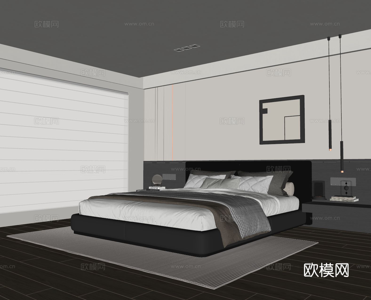 现代极简卧室 皮质双人床 床头柜 挂画 吊灯 地毯su模型