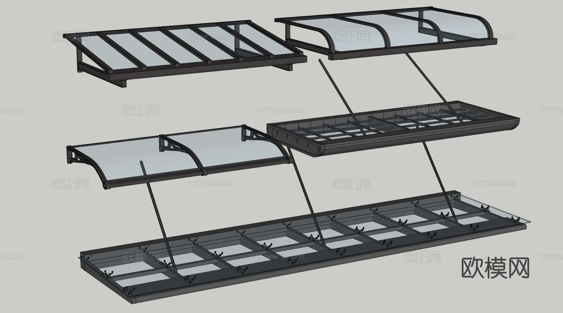 现代玻璃雨棚 钢构雨棚 玻璃雨打 阳光棚su模型