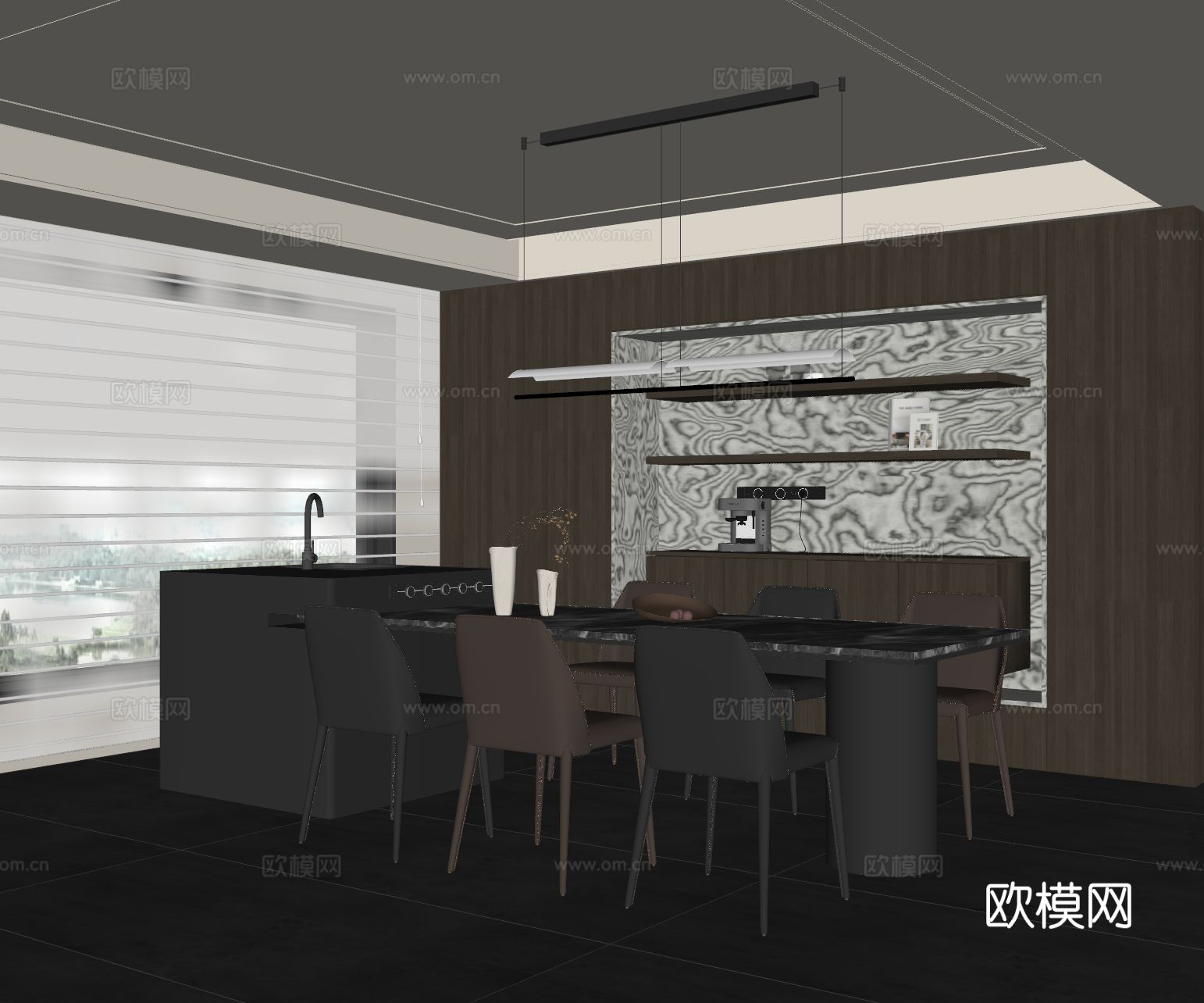 现代意式餐厅 岛台餐桌椅 吊灯 餐边柜 酒柜su模型
