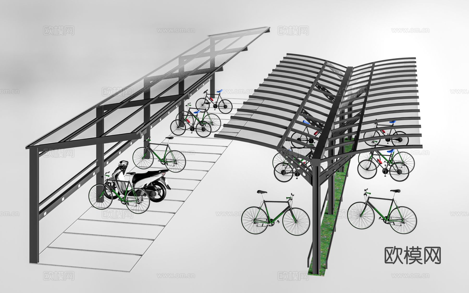 现代自行车棚 停车场雨棚 车棚廊架 电动车棚su模型