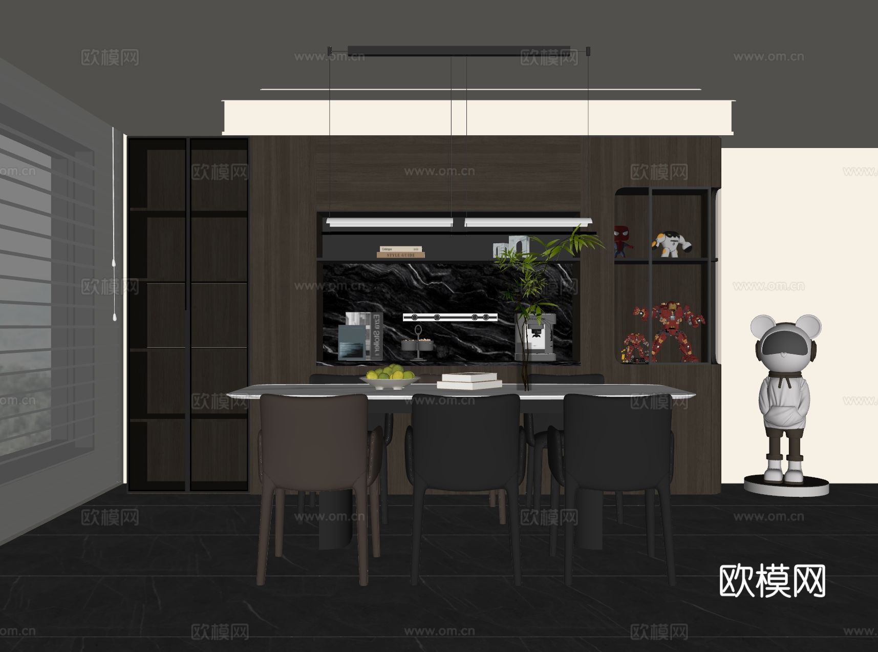 现代意式餐厅 餐桌椅 吊灯 餐边柜 酒柜su模型