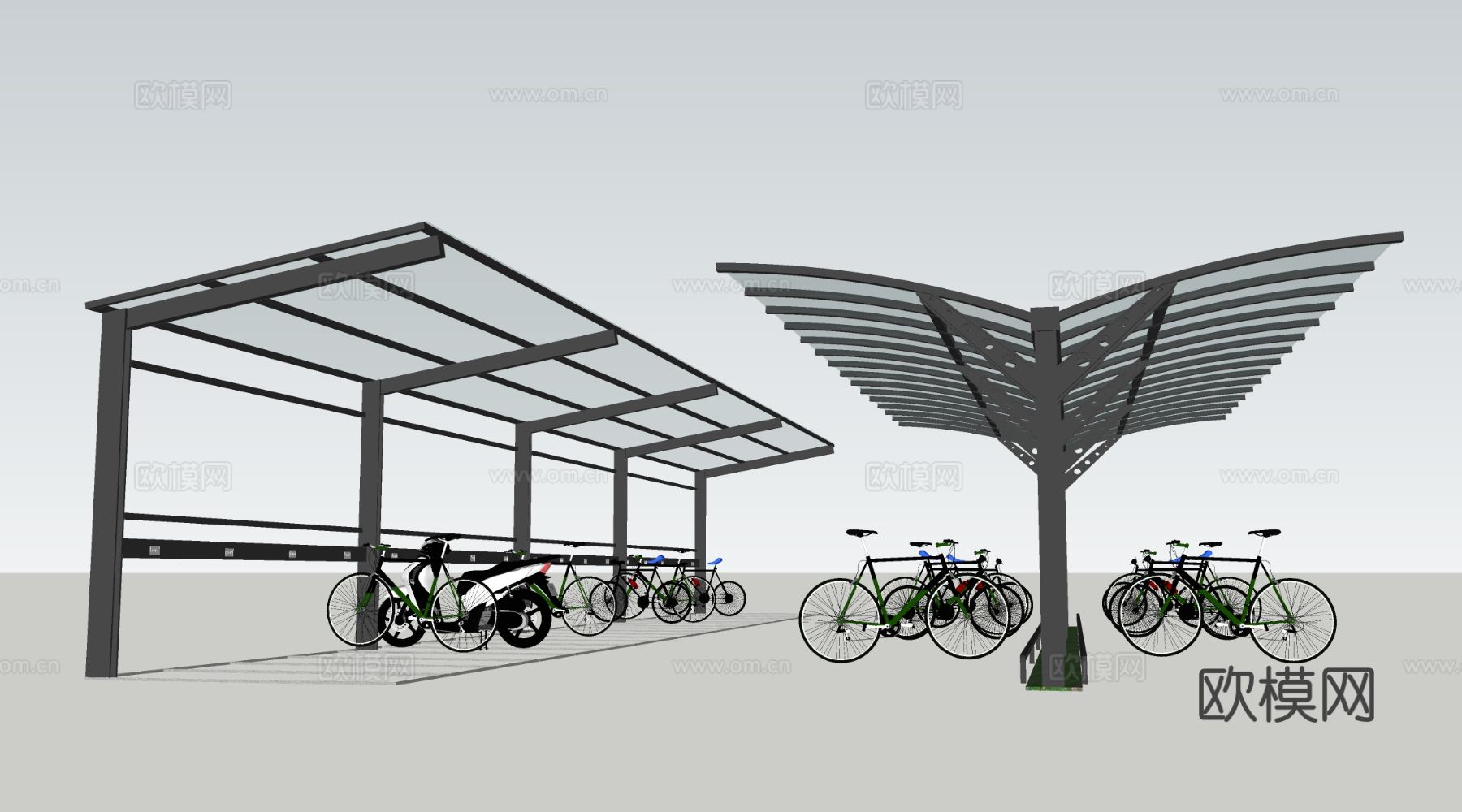 现代自行车棚 停车场雨棚 车棚廊架 电动车棚su模型