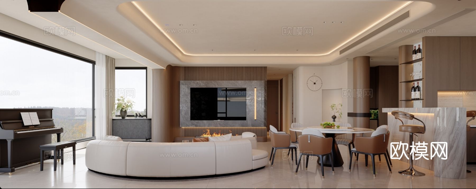 现代客餐厅 大平层装修效果图下载（渲染图3）