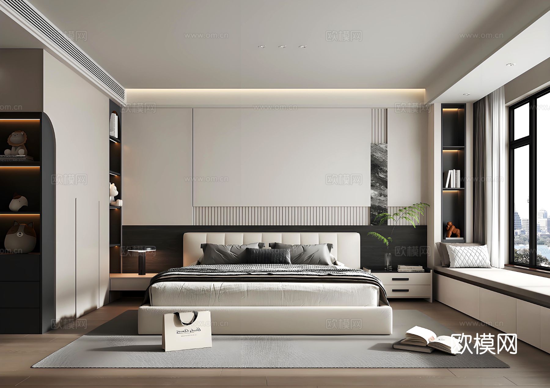 现代黑白灰卧室 双人床卧室 主卧 次卧su模型