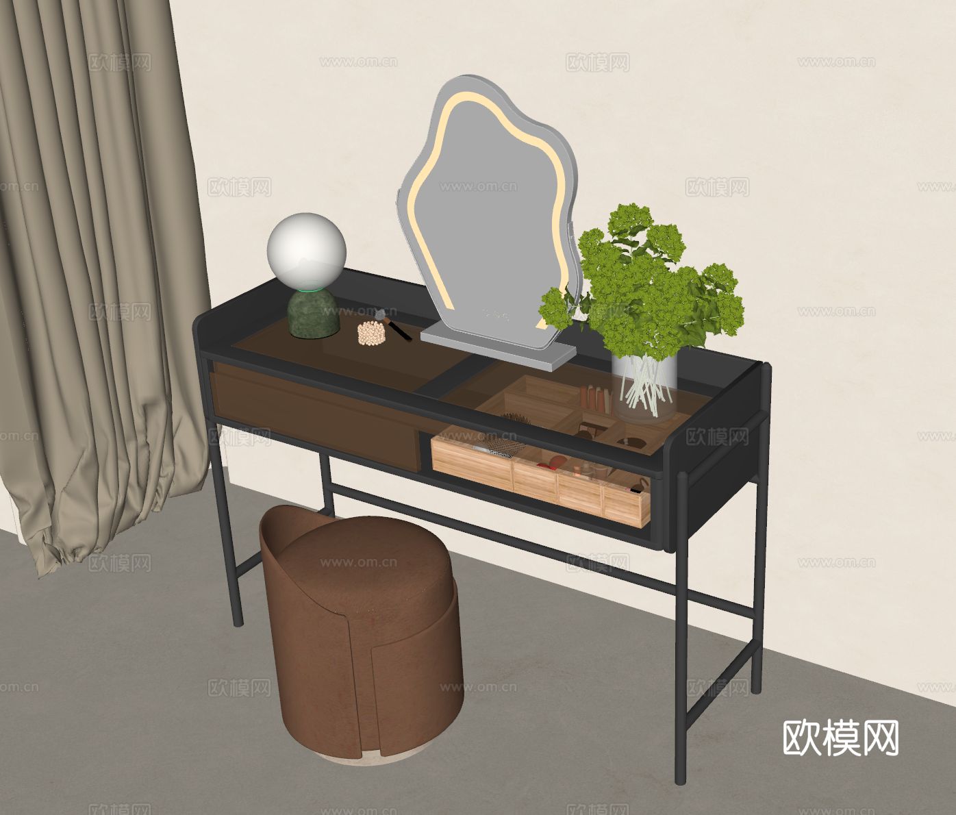 现代梳妆台 中古梳妆台 梳妆椅 中古书桌椅 化妆镜 妆台妆凳su模型