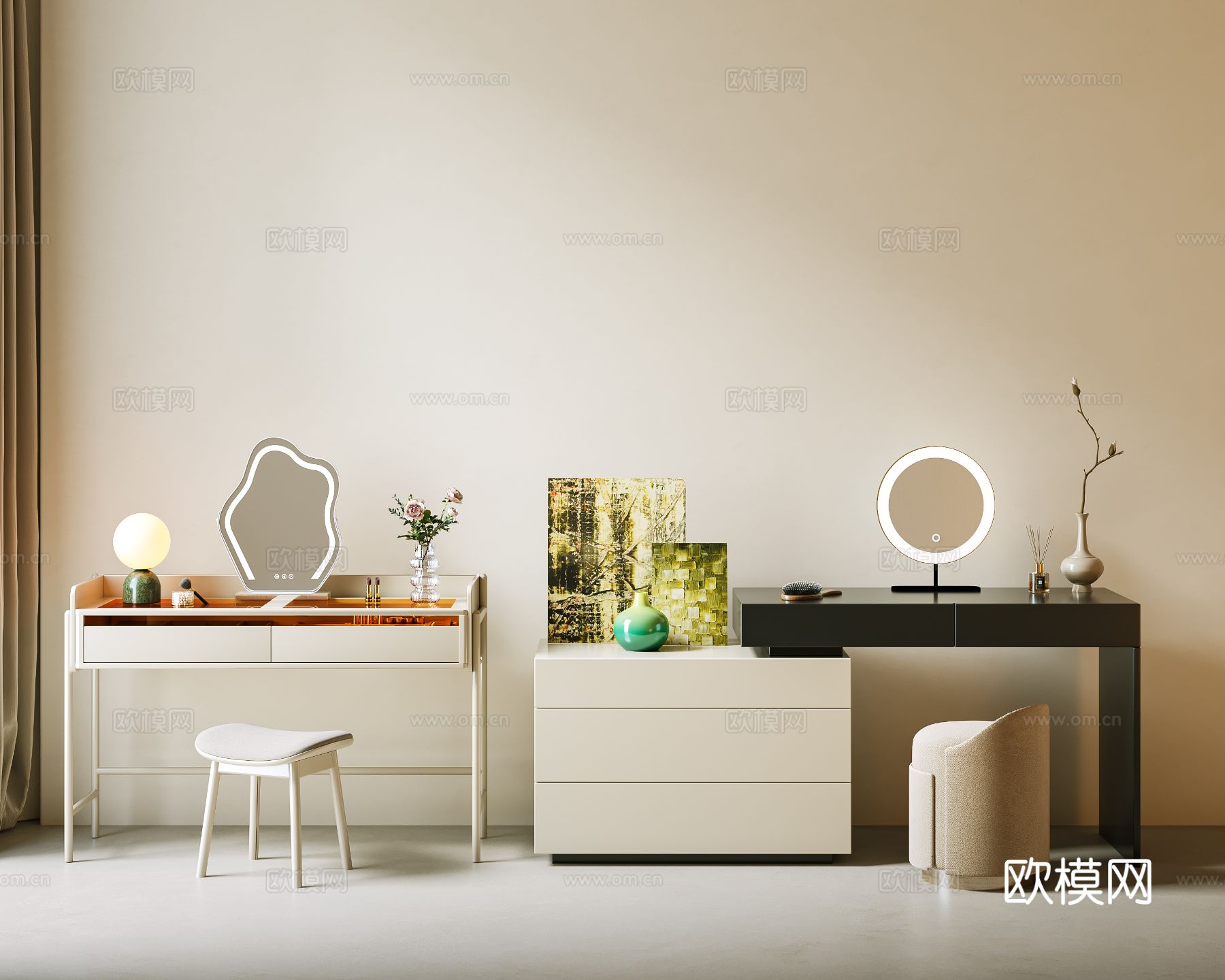 现代梳妆台 奶油风梳妆台 妆凳 化妆品组合 单椅su模型