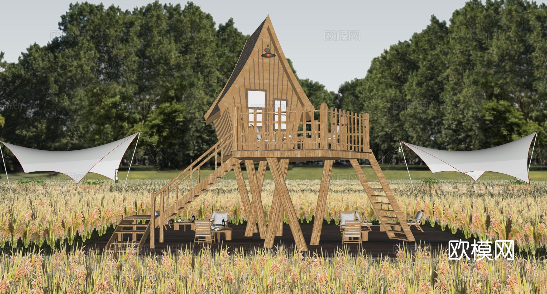 新中式木屋 氛围树屋营地 营地木屋观景su模型