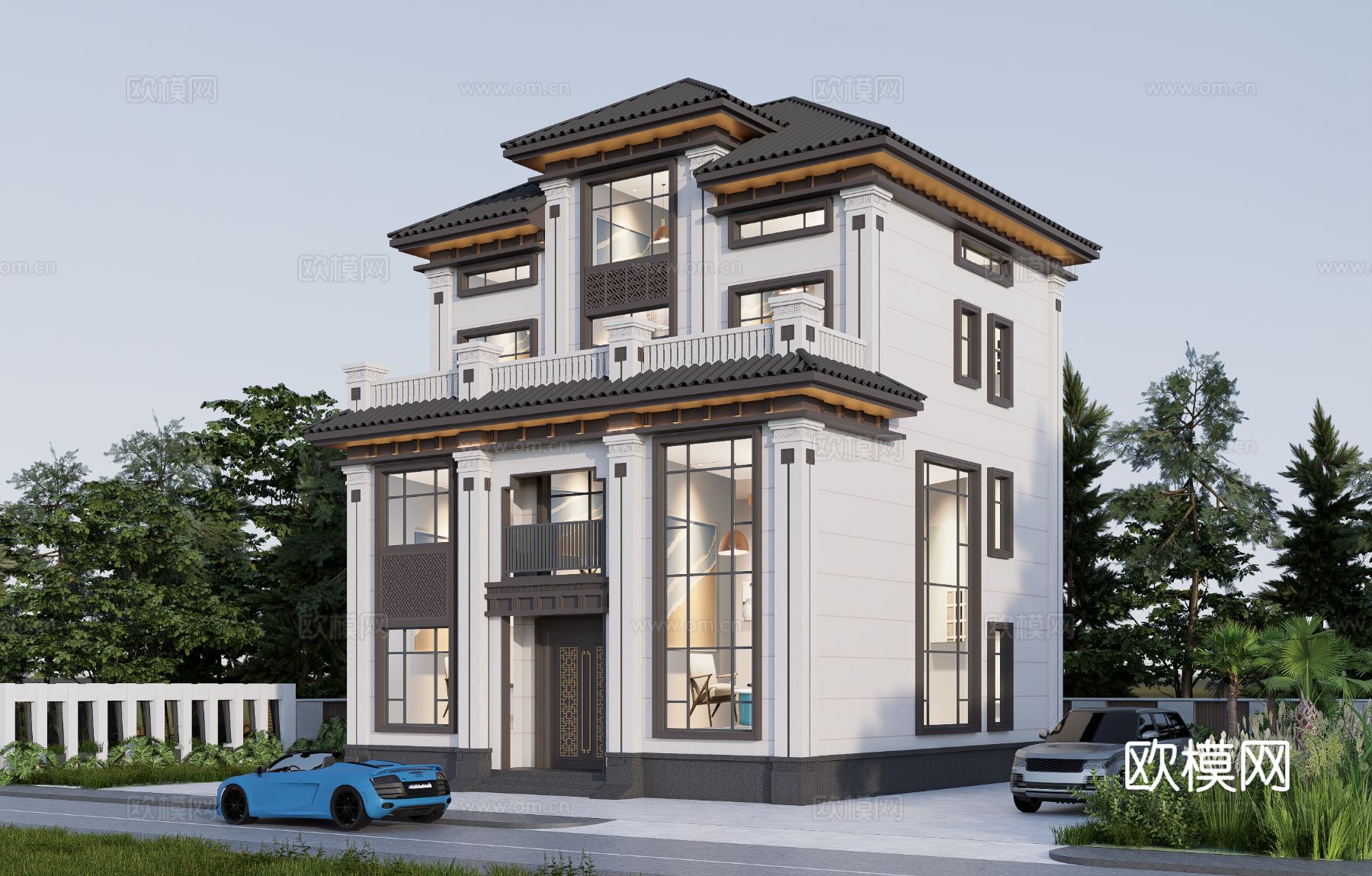 新中式别墅外观su模型