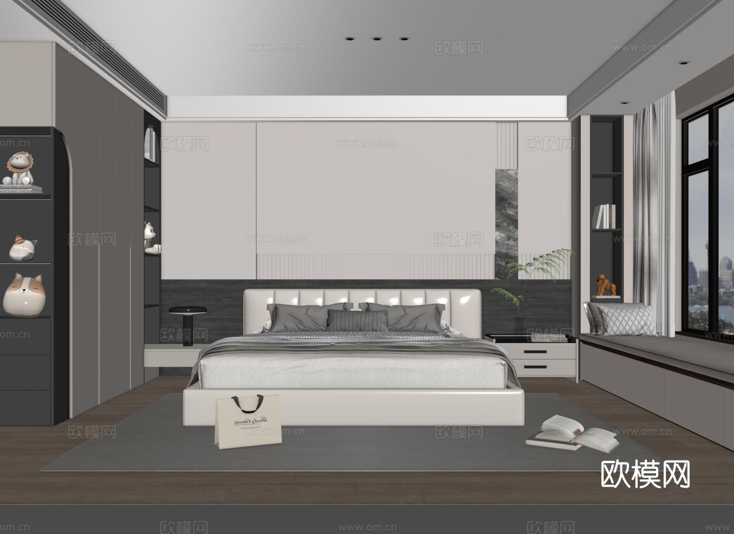 现代黑白灰卧室 双人床卧室 主卧 次卧su模型