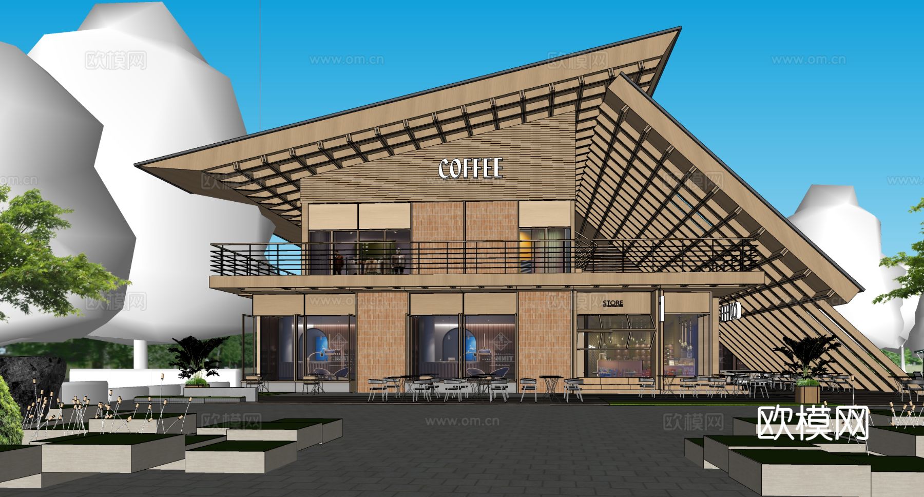 新中式咖啡厅建筑 餐饮建筑 木屋建筑su模型
