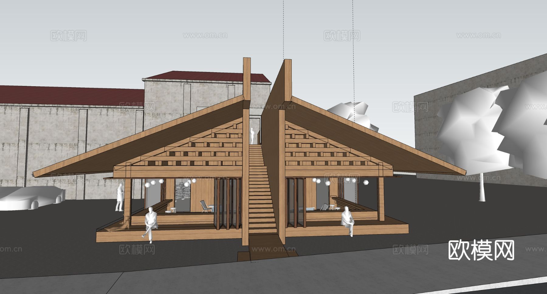 新中式民宿建筑 木结构建筑 榫卯结构su模型