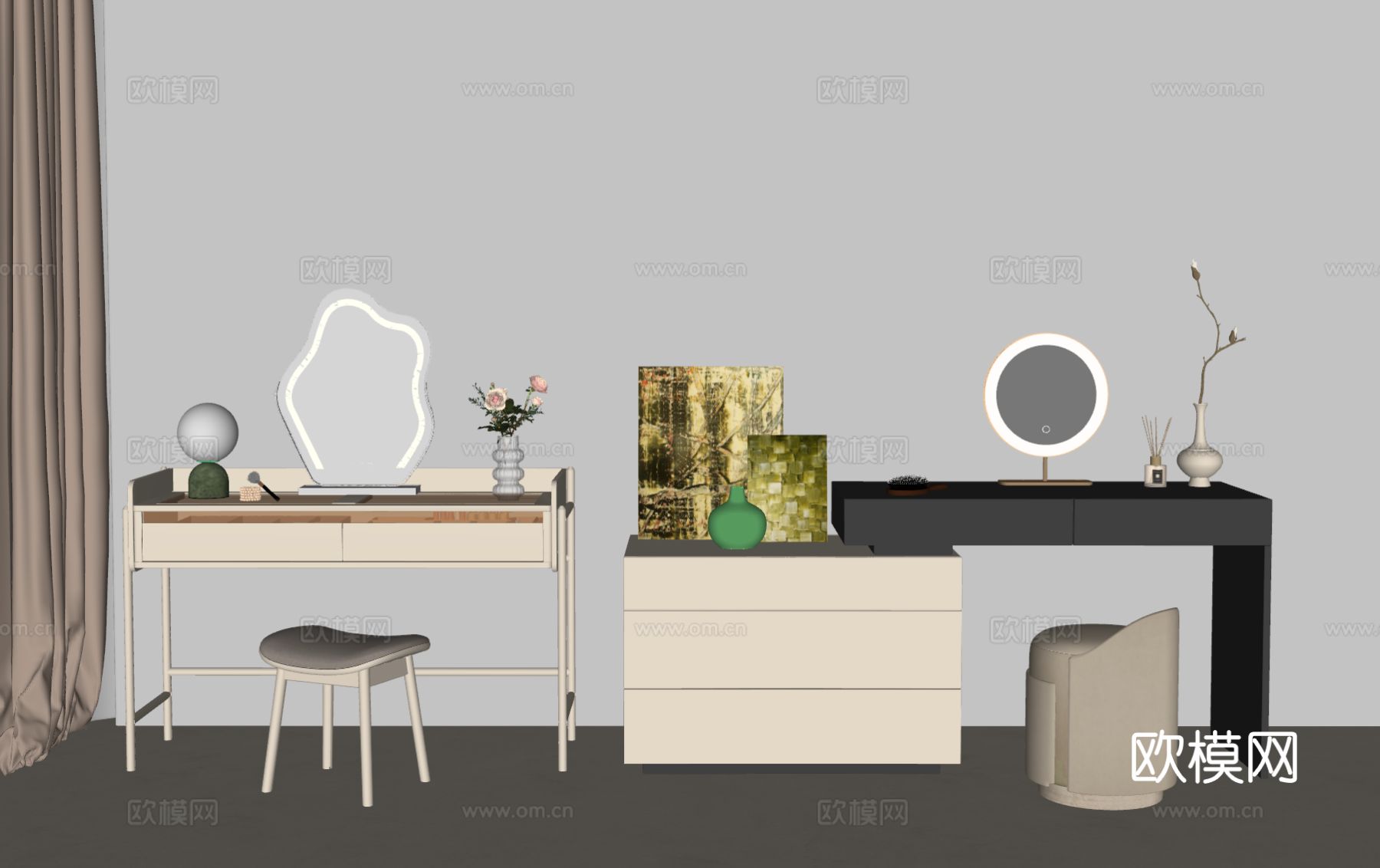 现代梳妆台 奶油风梳妆台 妆凳 化妆品组合 单椅su模型