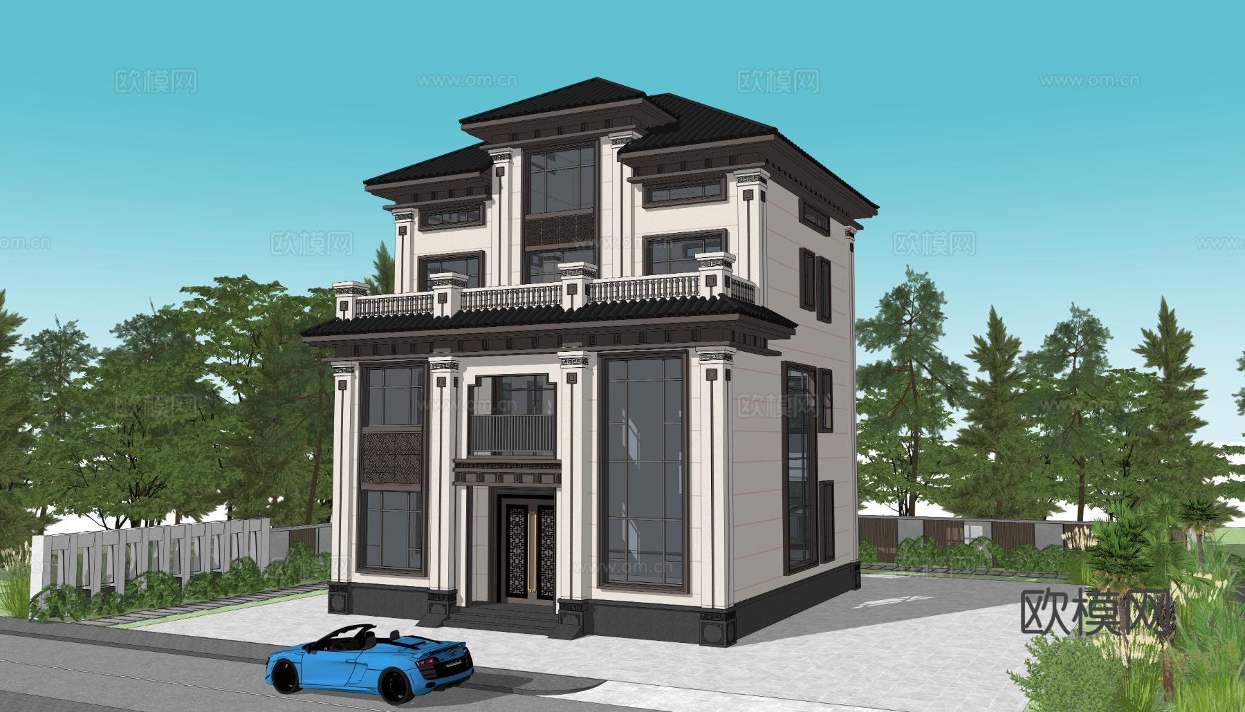 新中式别墅外观su模型