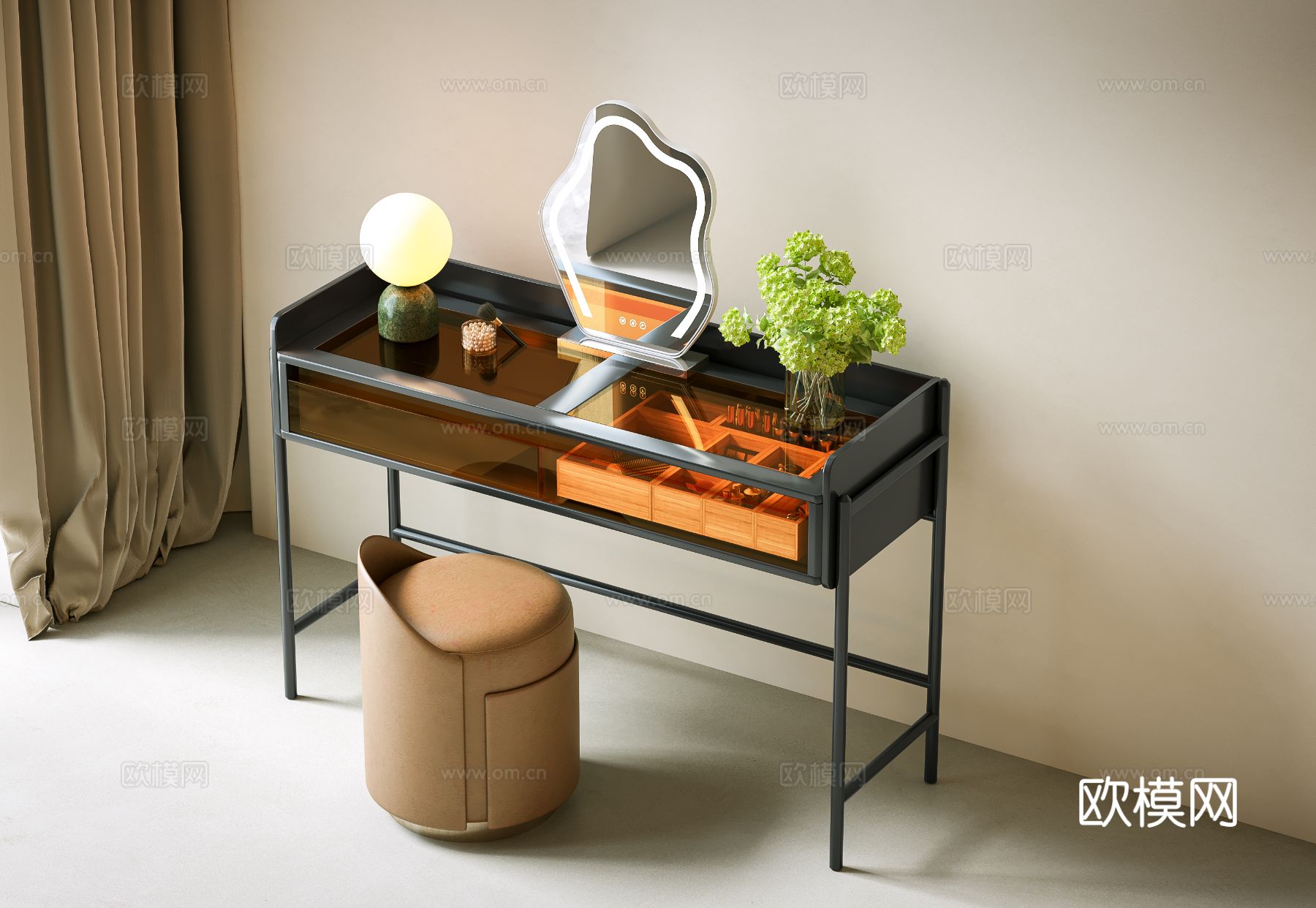 现代梳妆台 中古梳妆台 梳妆椅 中古书桌椅 化妆镜 妆台妆凳su模型